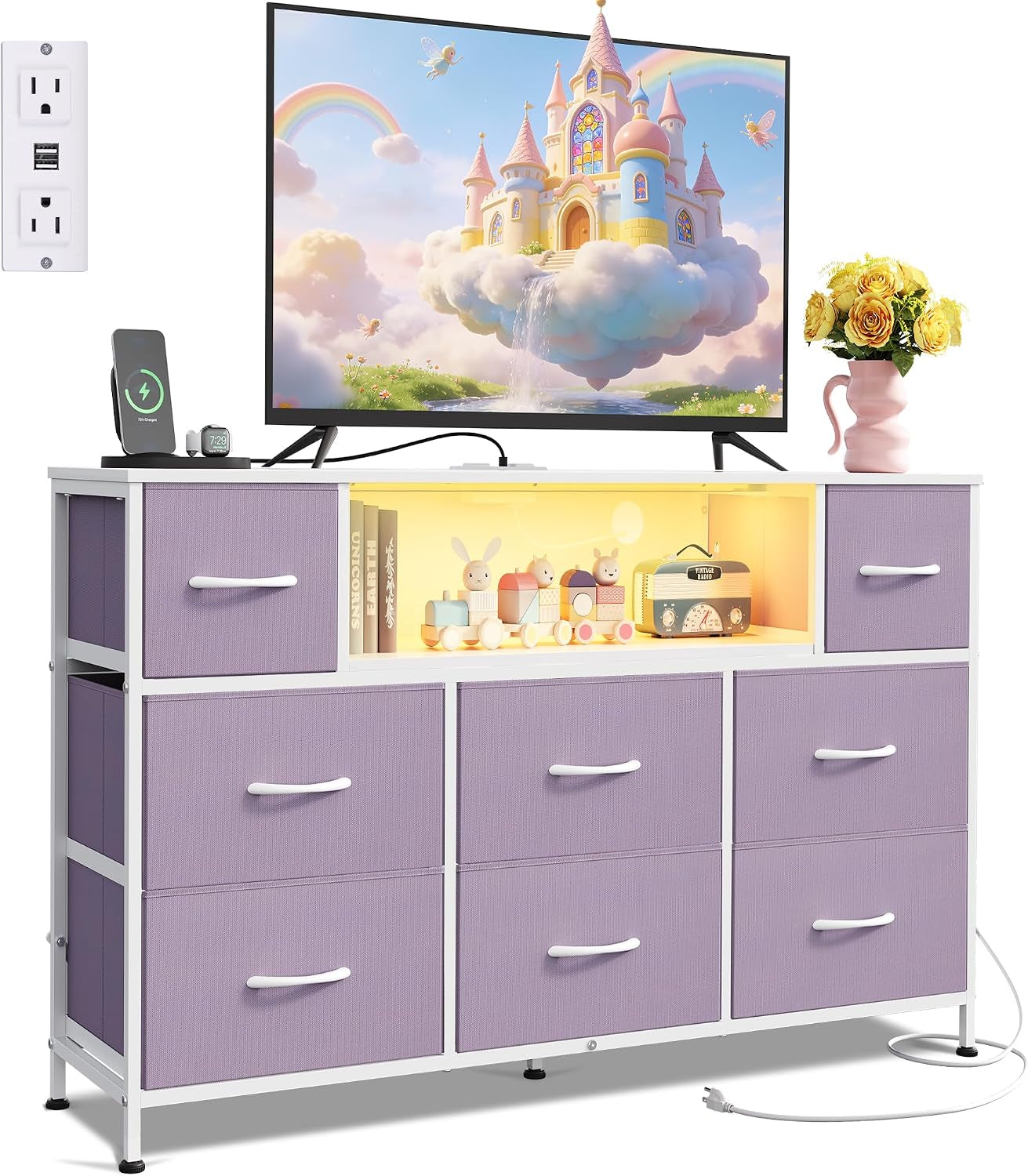 Front view of a lavender fabric 8-drawer dresser with illuminated center shelf and TV on top