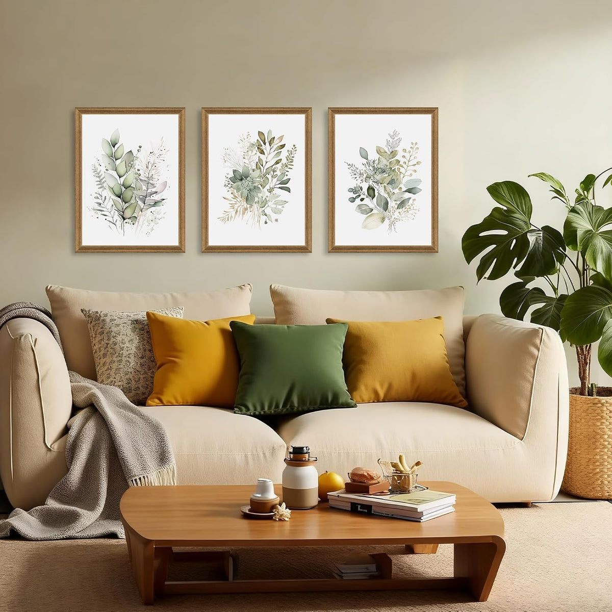 Three-piece sage green botanical framed set hung above a beige sofa with green and mustard throw pillows