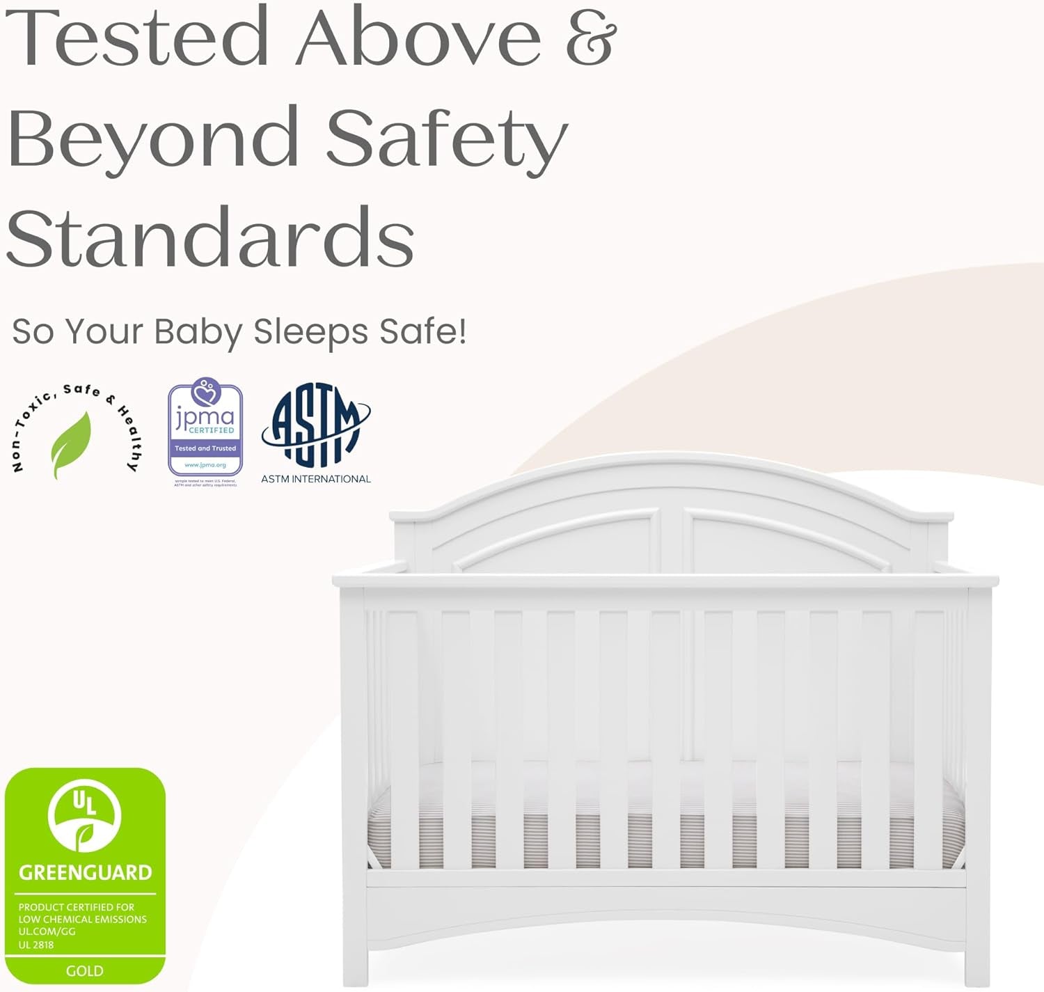 Product image with certification icons and a centered white crib on a pale background.