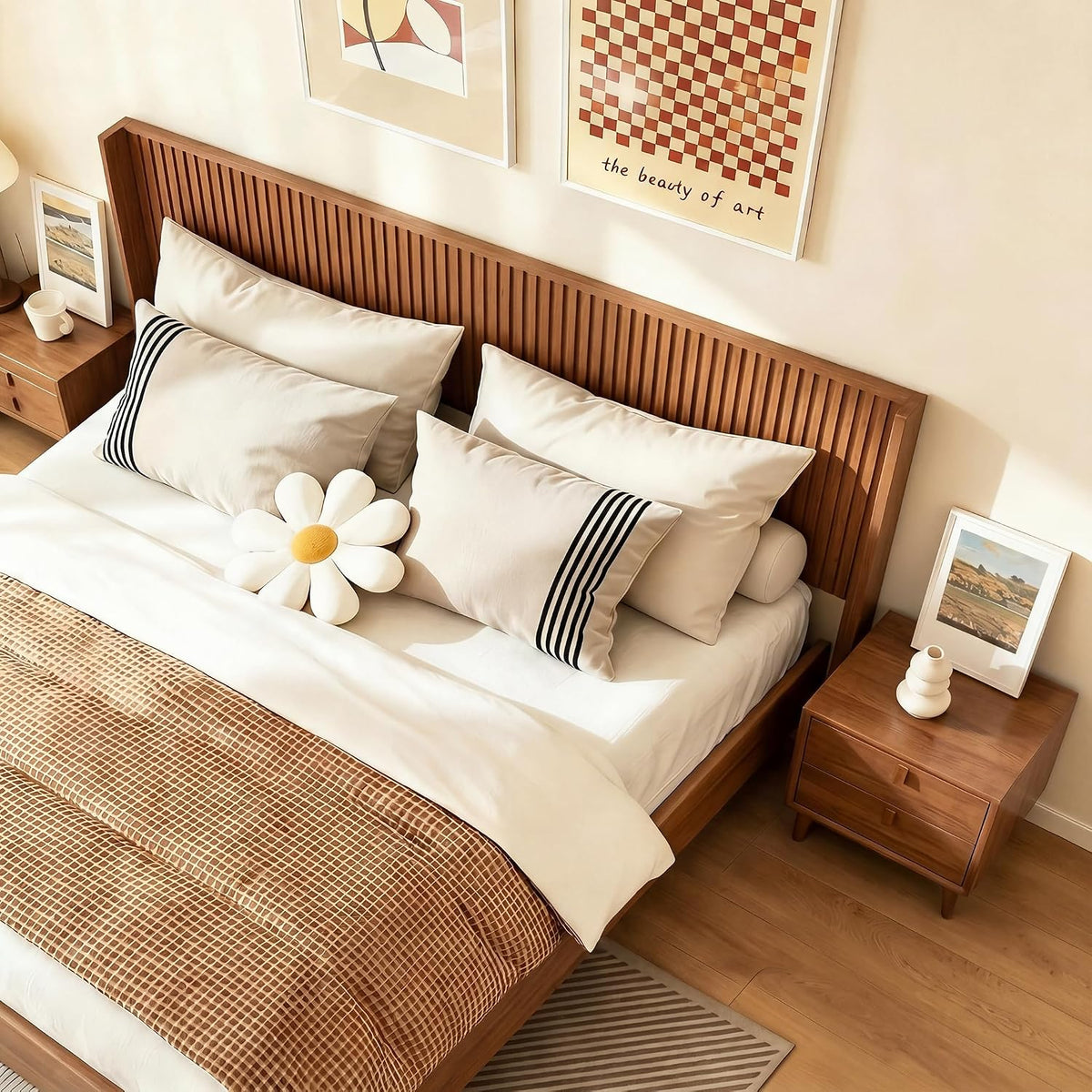 Angled top-right view of the fluted headboard with pillows and a wood nightstand beside a dressed bed
