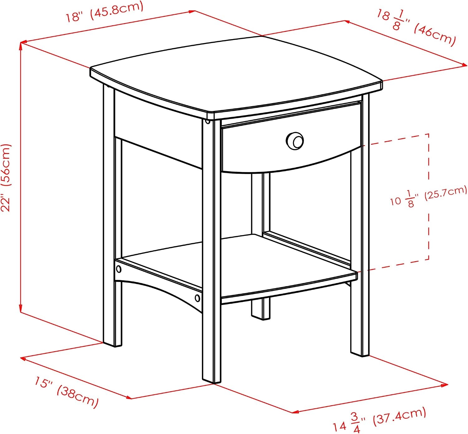 Line-drawing dimension diagram showing 22" H and 18" L/D measurements for the end table