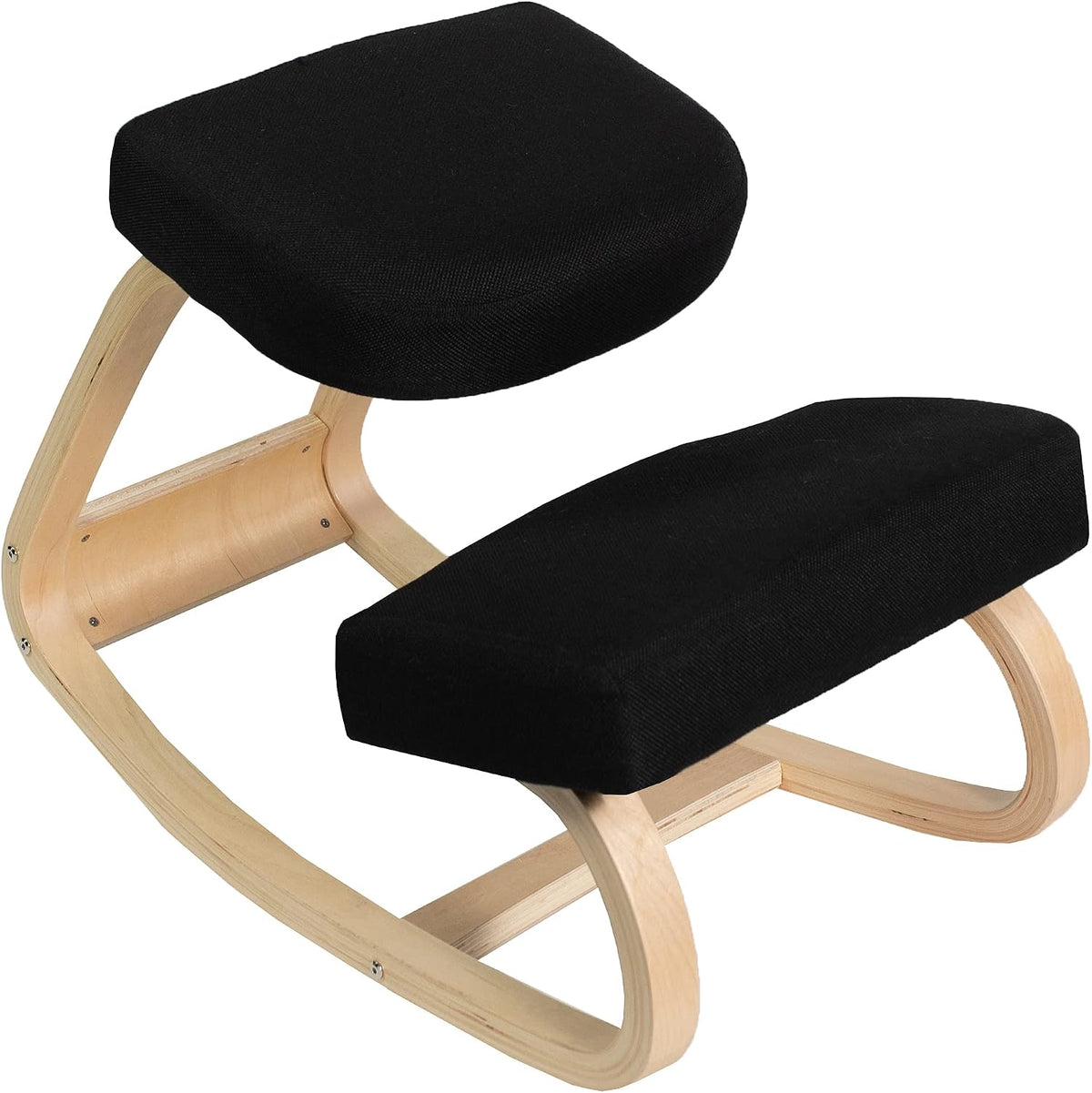 Black mesh seat and knee cushions on a light curved wooden rocker base, close-up angled view