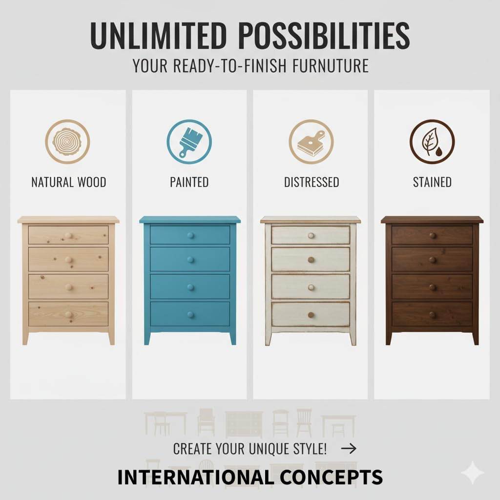 four vertical panels showing example finishes—natural, painted, distressed and stained—each with a dresser illustration