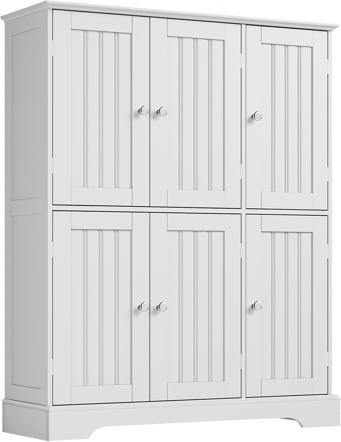 White cabinet variant with six smaller paneled doors arranged two rows of three, chrome knobs visible