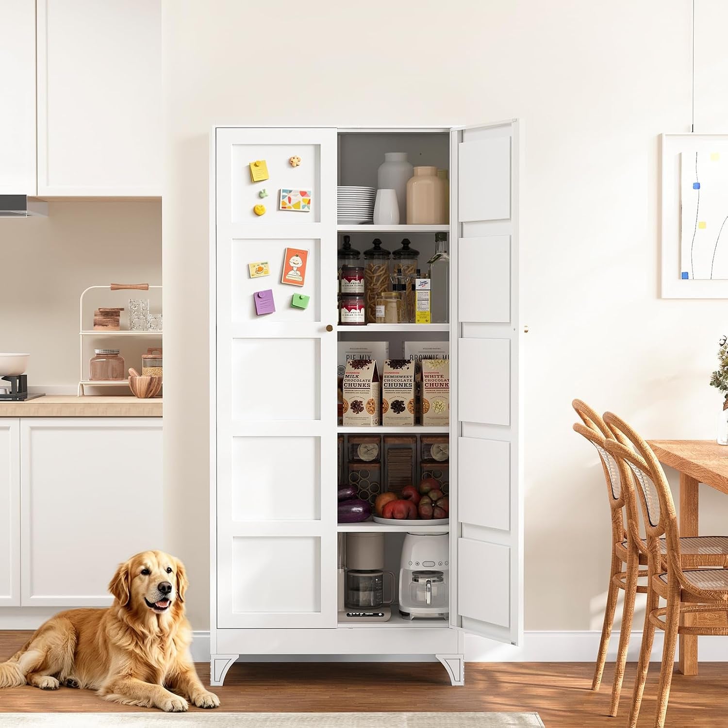 Tall white storage cabinet with one door open, staged in a kitchen with a golden retriever at its base.