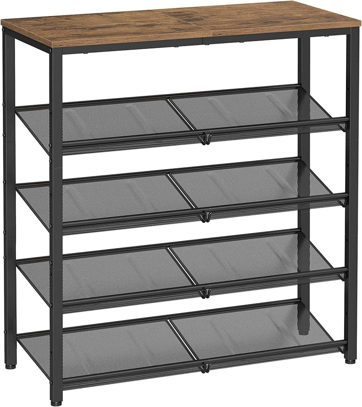 Front view of a freestanding shoe rack with a rustic wood top and four angled black mesh shelves.