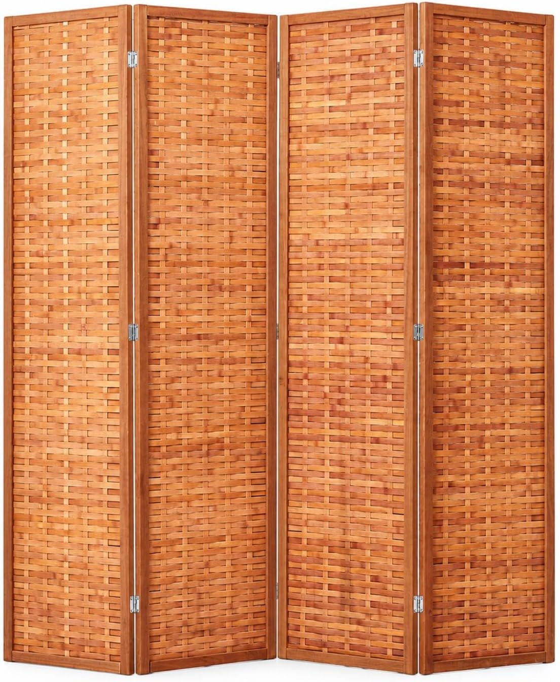 Studio image of the four-panel bamboo folding screen standing fully extended on white background