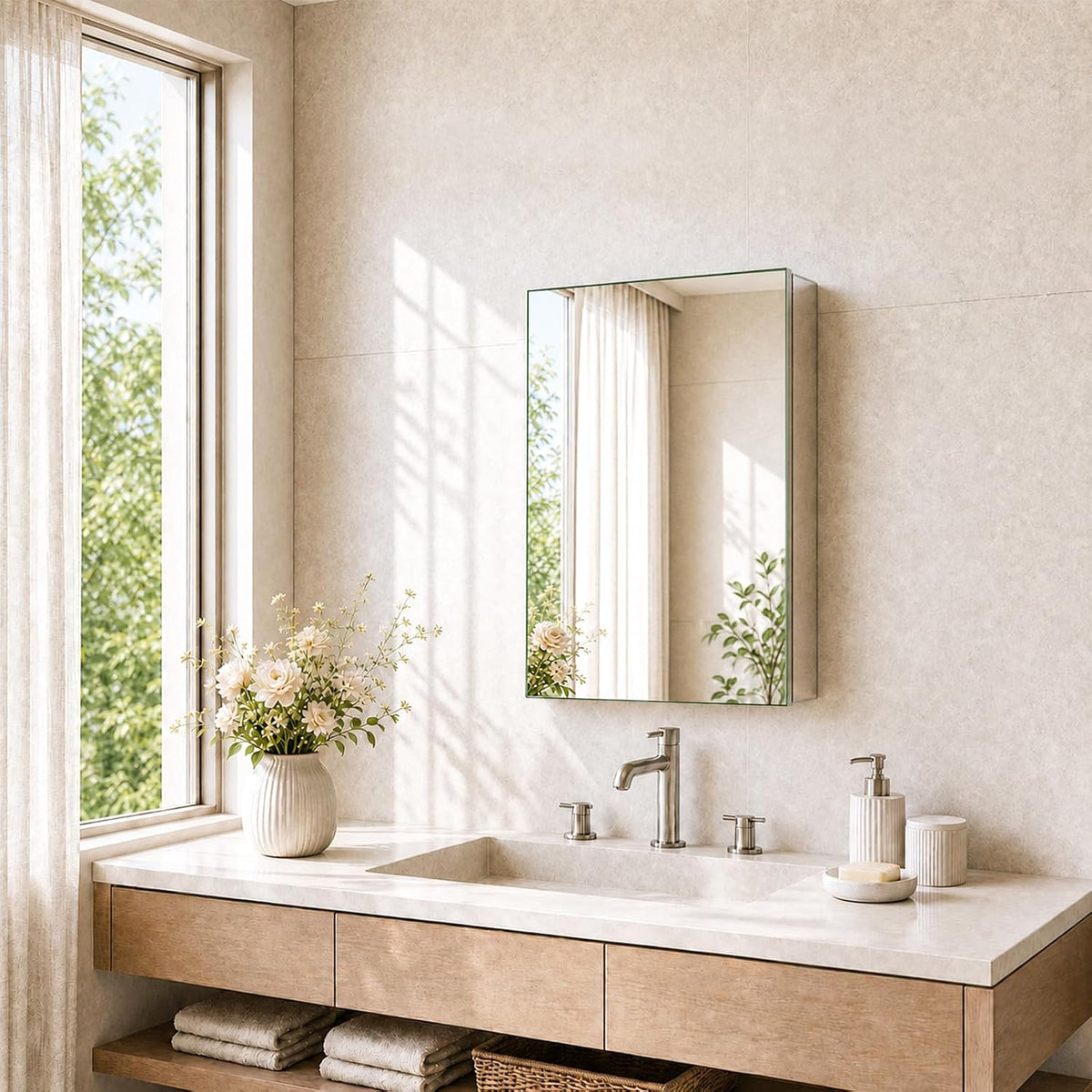 Wider bathroom scene showing the mirror above a floating wood vanity with open shelf and folded towels