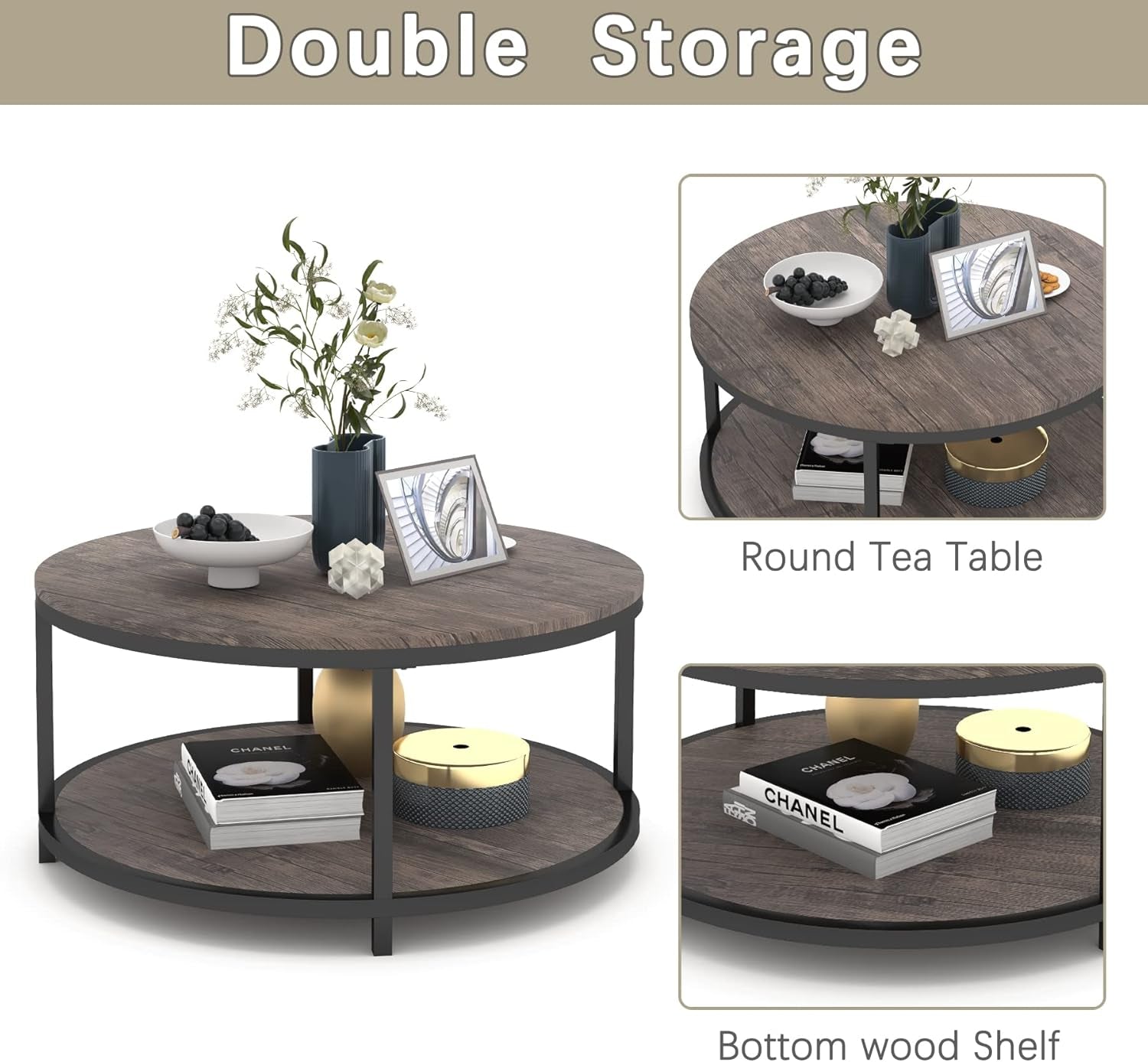 Three-view collage of the round coffee table styled with decor, highlighting the bottom wood shelf for storage.