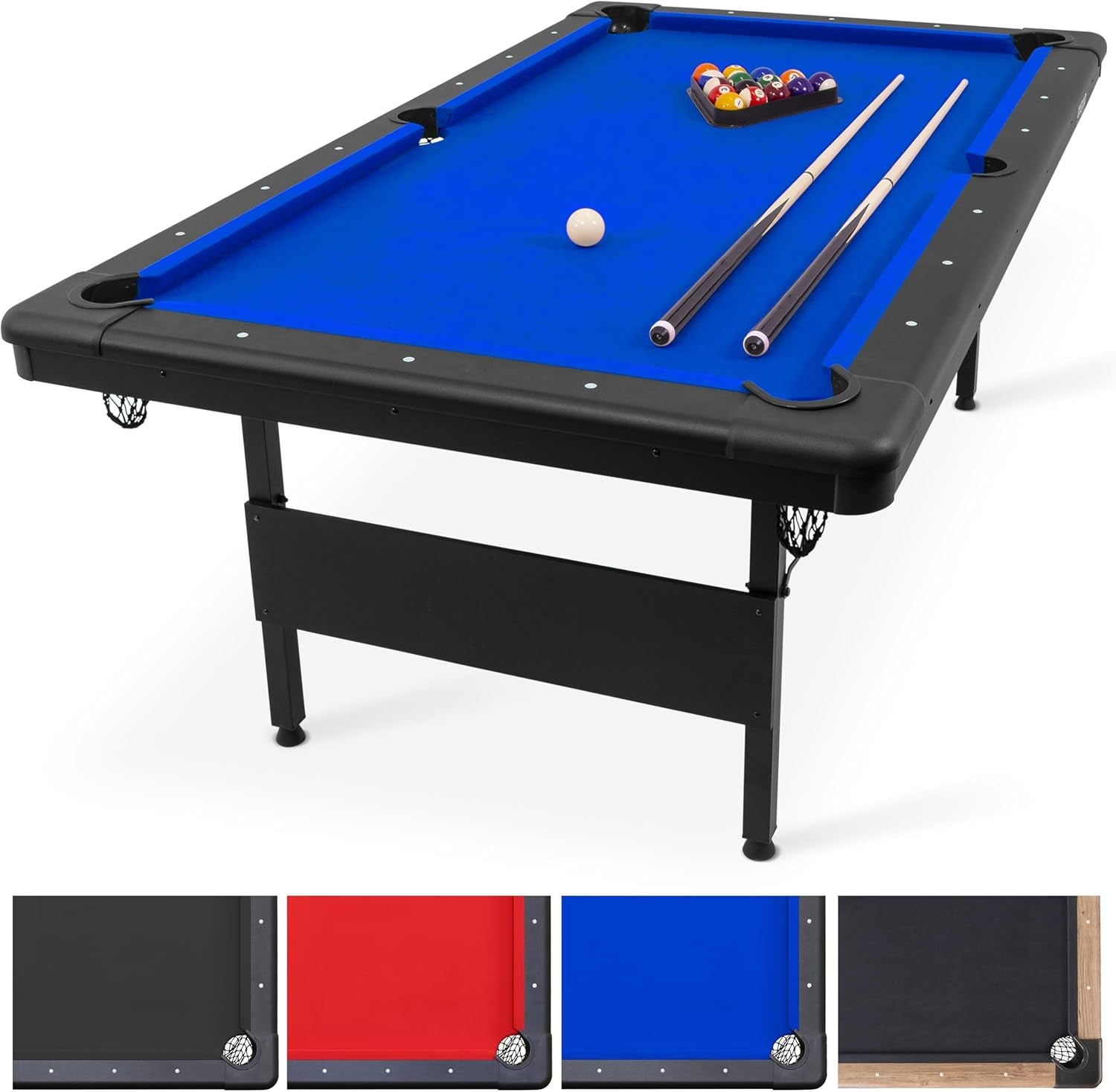 Angled view of a pool table with bright blue felt, black rails, two cues and a racked triangle of balls