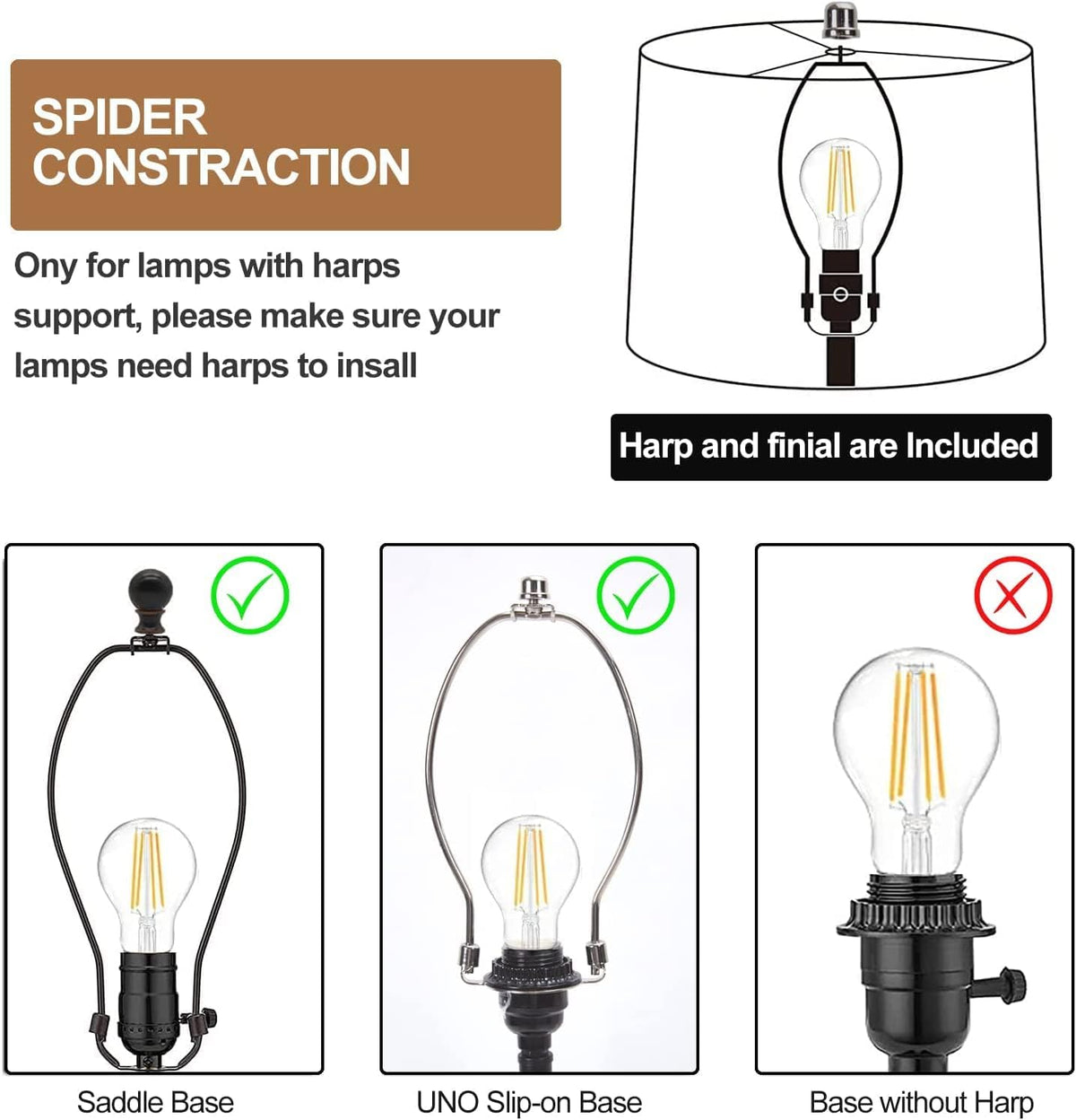 Graphic diagram explaining spider fitter compatibility with harp or UNO slip-on base and showing harp and finial included