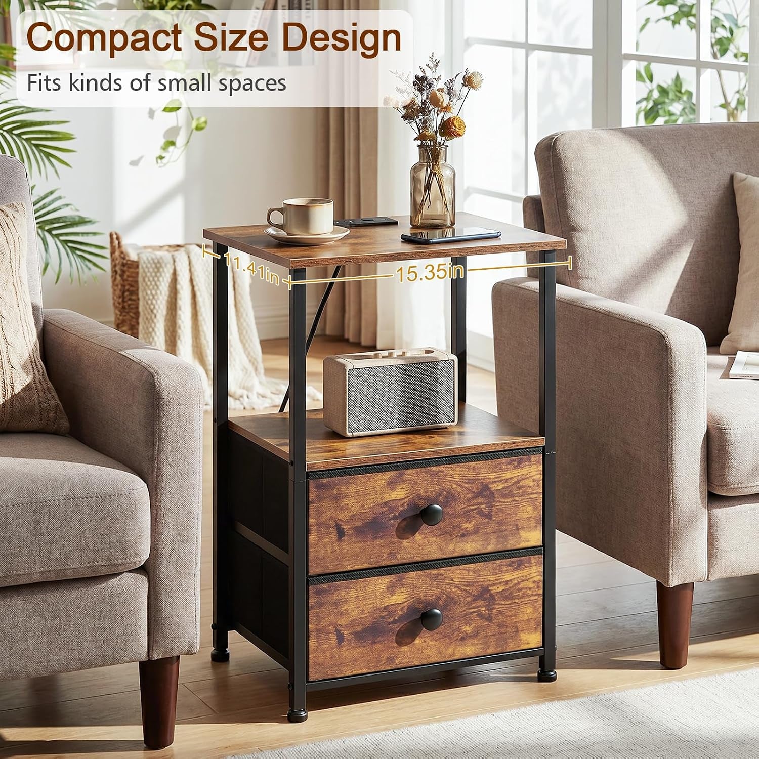 Nightstand between chairs highlighting compact top dimensions and wood-textured finish