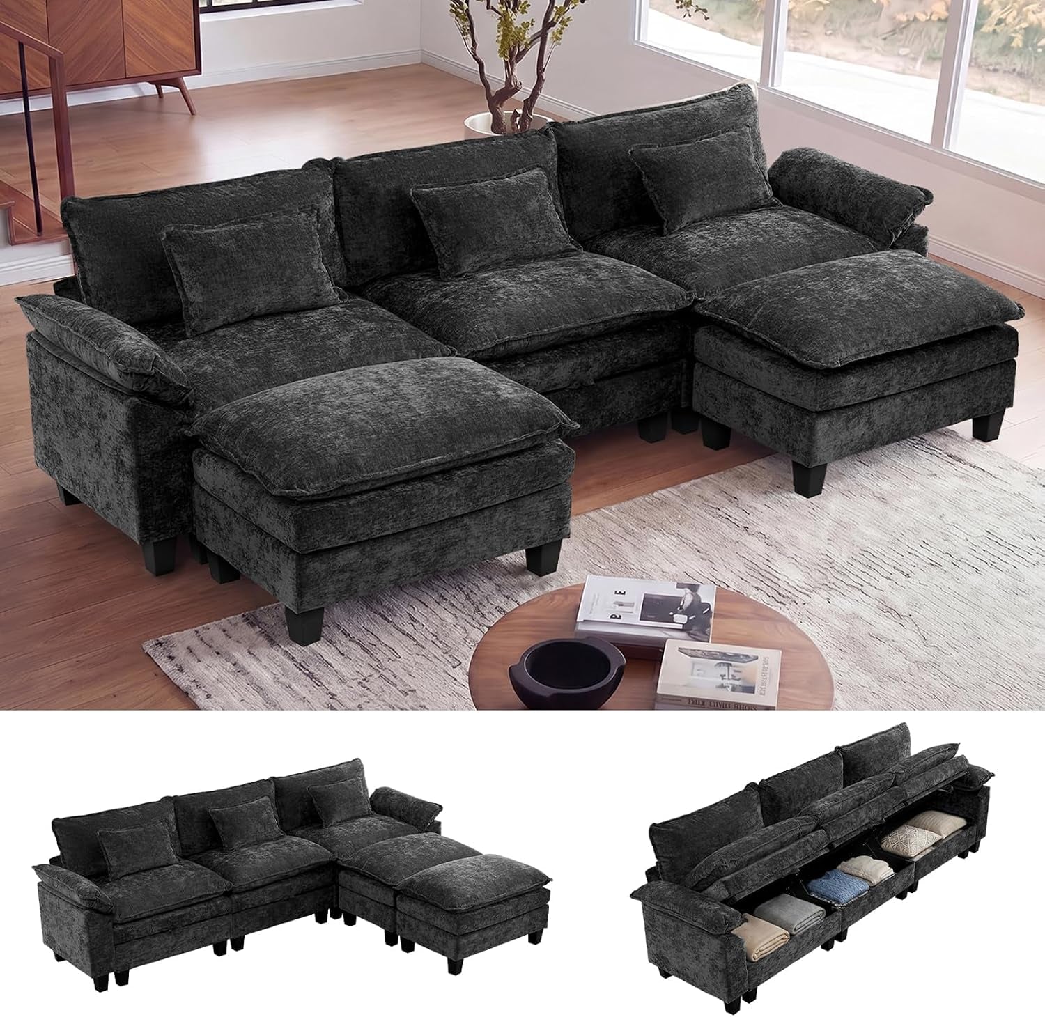 Charcoal modular sectional with ottoman and chaise shown in a sunlit room.
