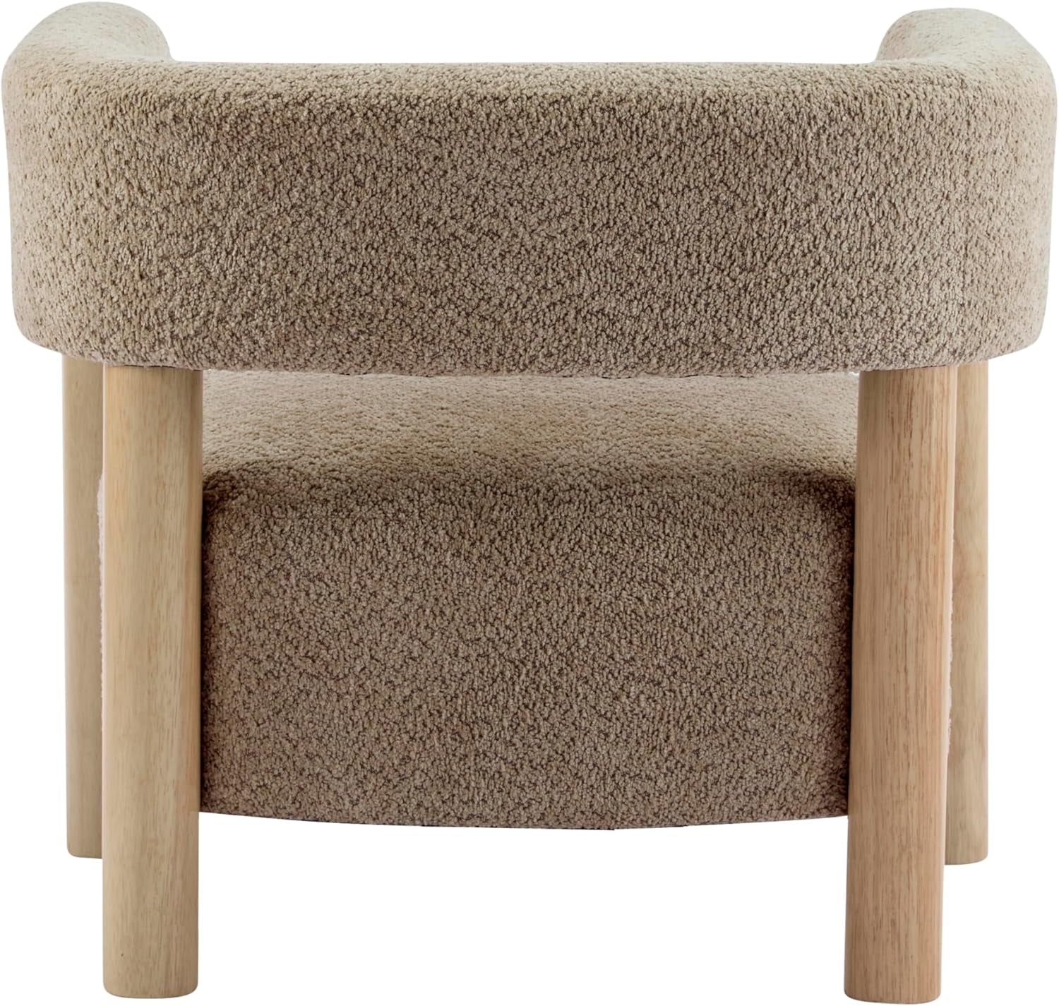 Straight rear view of the rounded back and seat wrapped in nubby boucle fabric resting on four natural wood legs