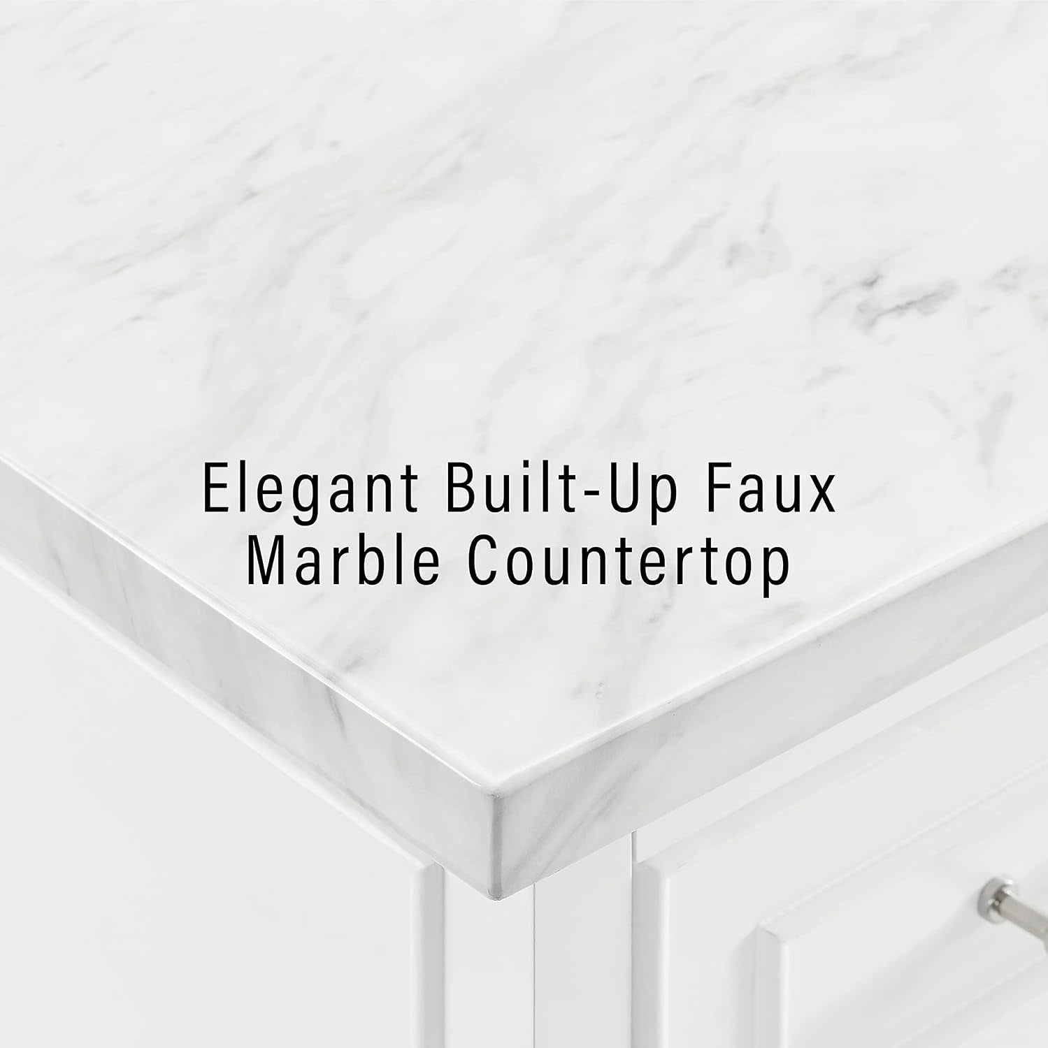 Close-up of built-up faux marble countertop corner showing light veining and edge profile