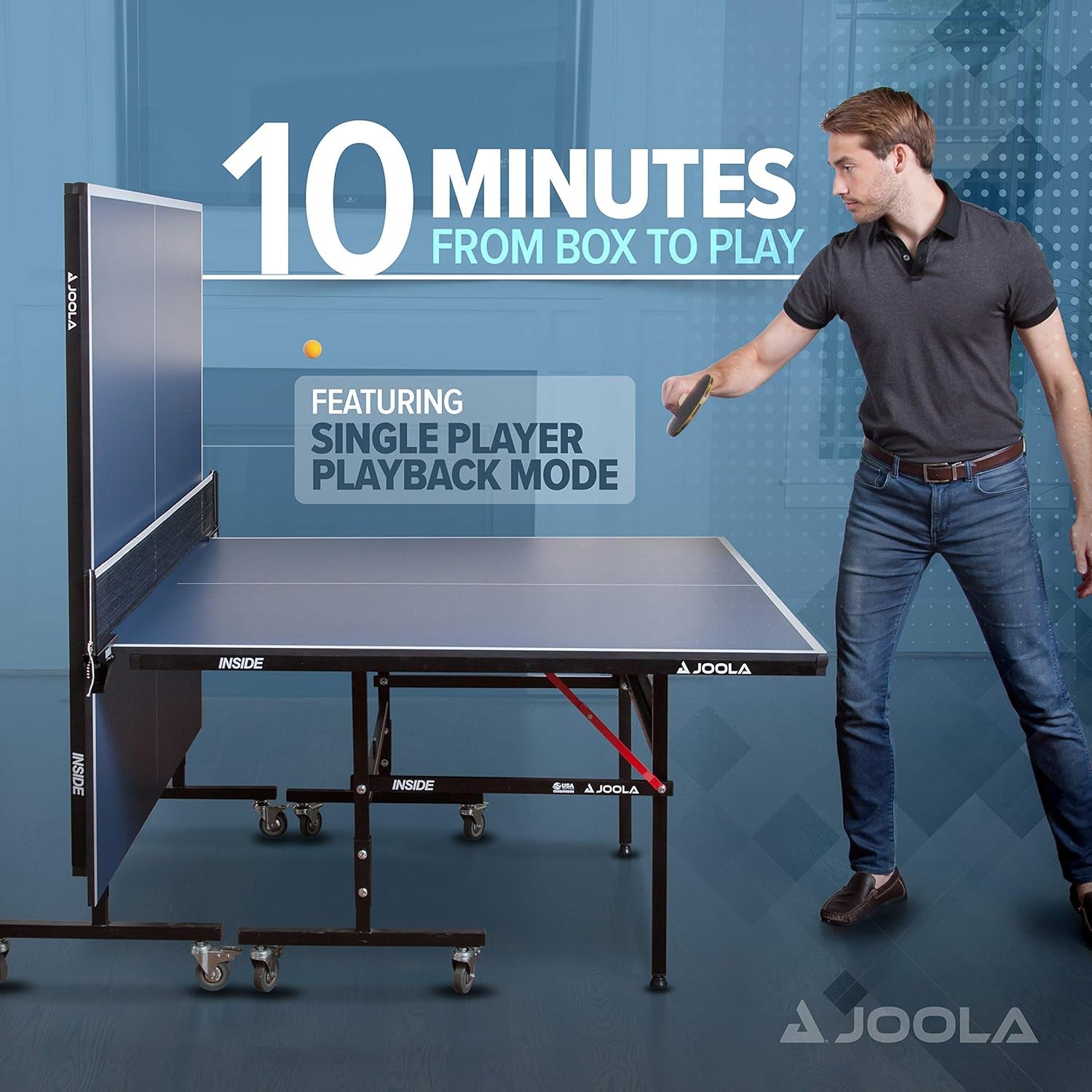 Player using single-player playback mode with one half folded upright and the other half set for play, interior setting