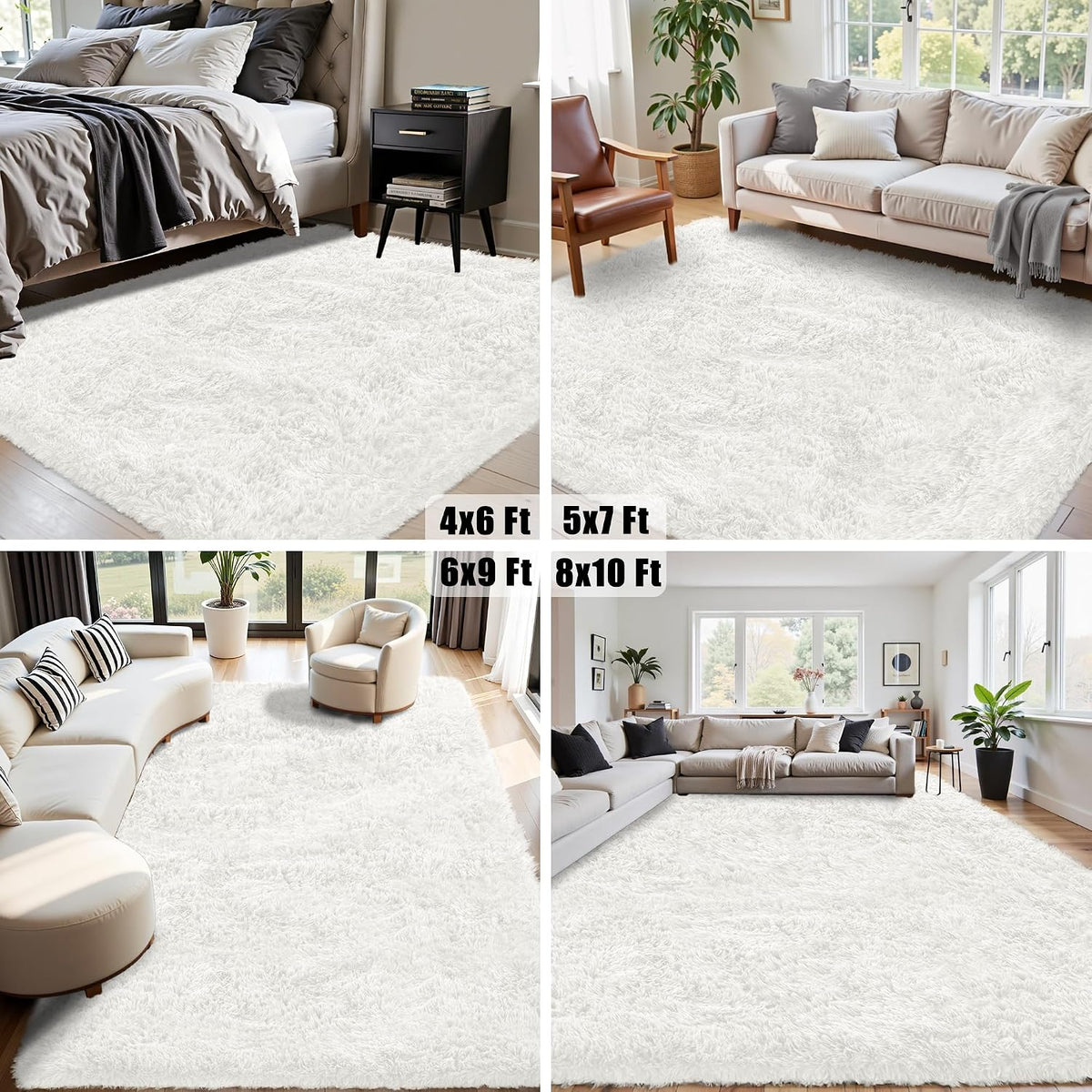 Collage showing white shag rug layouts in different rooms, rectangular and round placements