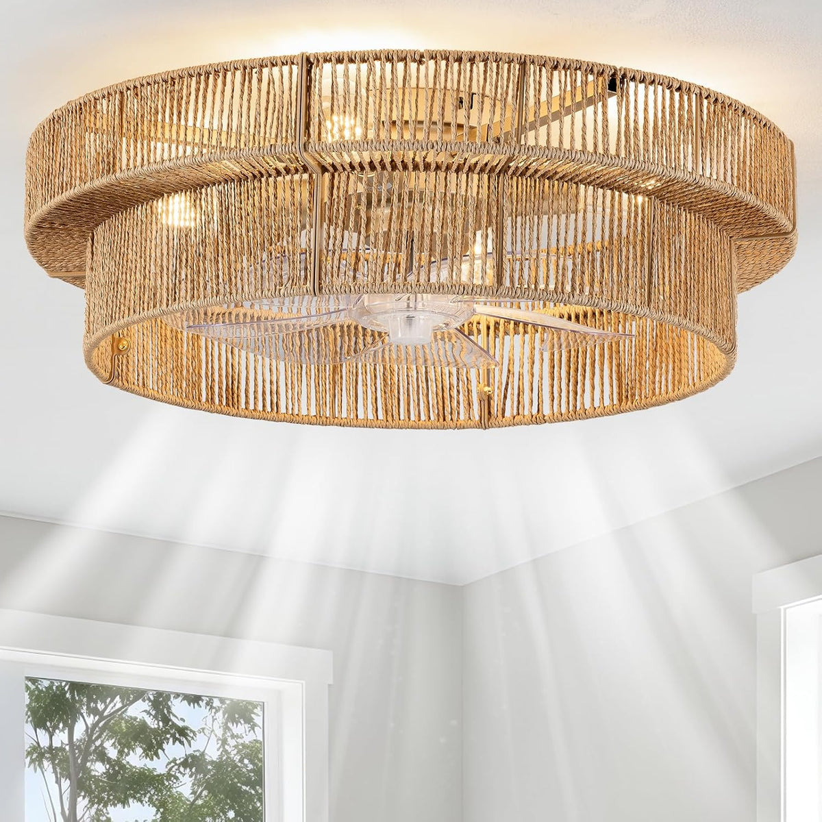 Tight detail of two layered woven rattan rings showing the texture and beams of light through the slats.