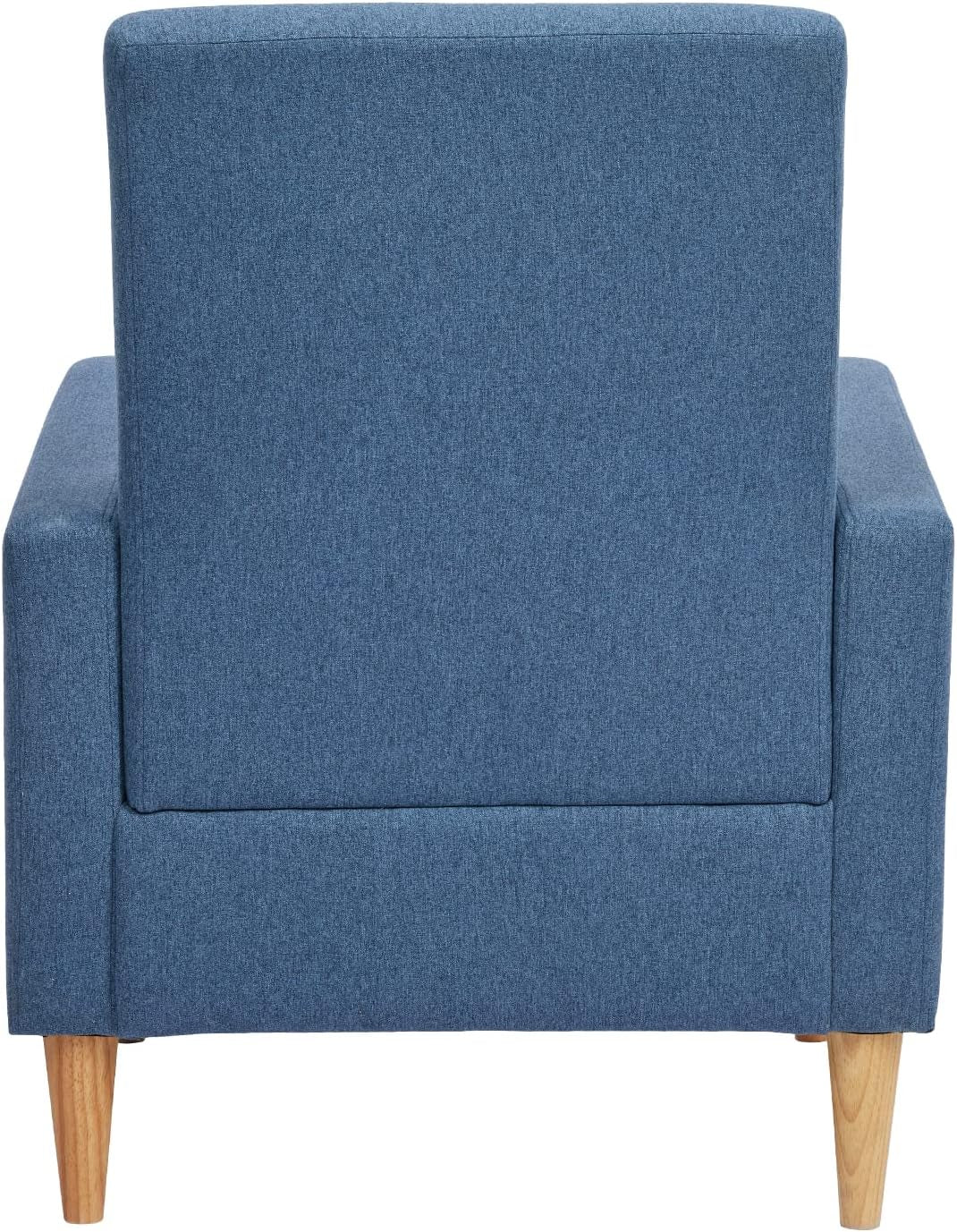 Rear view of a blue upholstered accent chair showing straight back and wooden tapered legs.