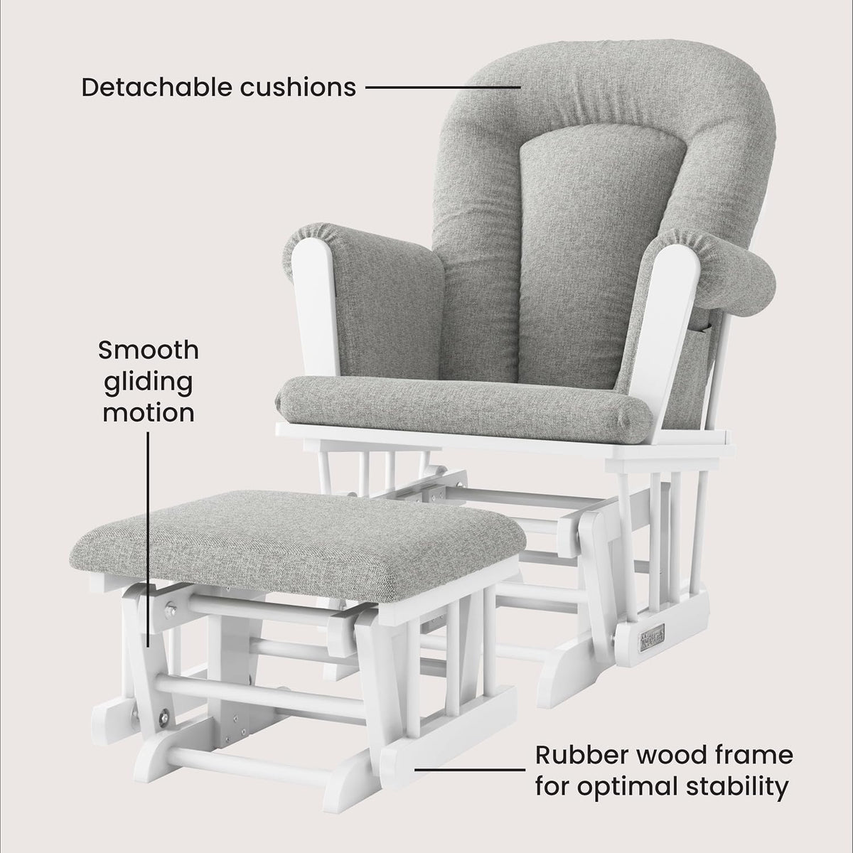 Close angled view of the rocker and ottoman highlighting detachable cushions and gliding mechanism