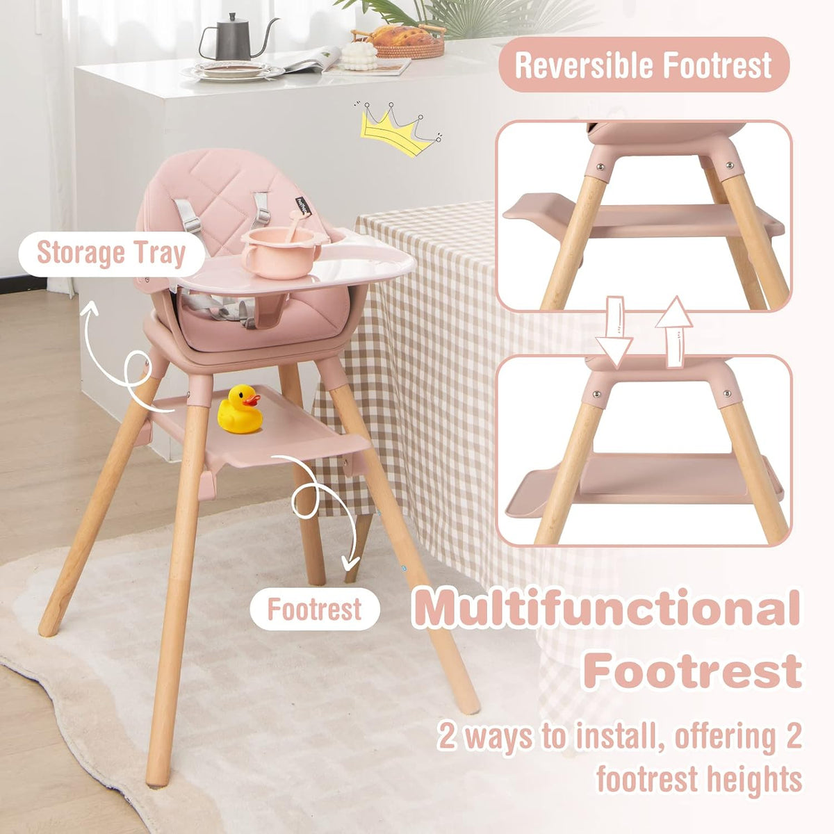 Chair positioned next to a table on a rug showing a reversible footrest and storage tray underneath.