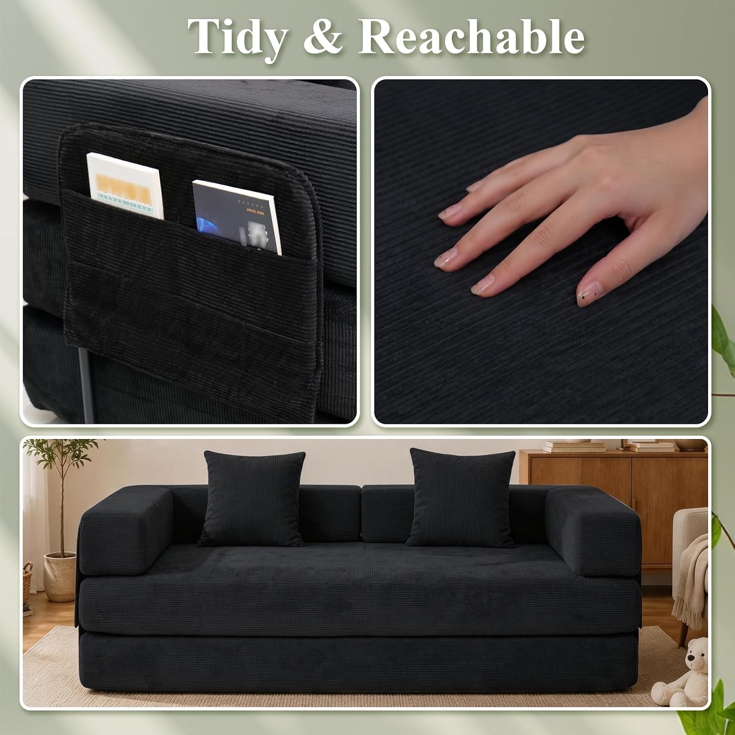 Detail shots showing side storage pocket and hand pressing corduroy surface plus front view of the black sofa