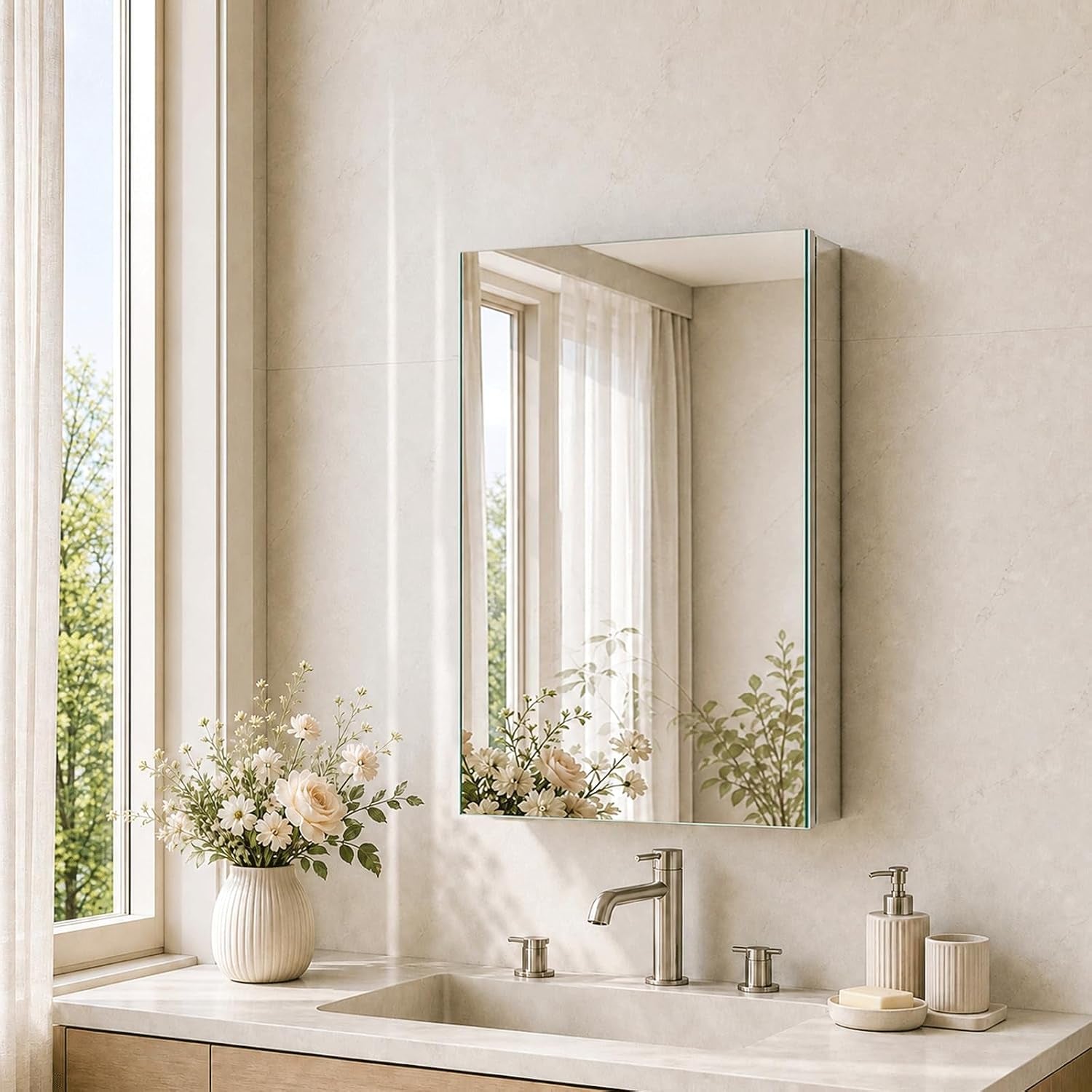 Full-mirror medicine cabinet mounted above a sink in a light bathroom reflecting a window and a vase of flowers