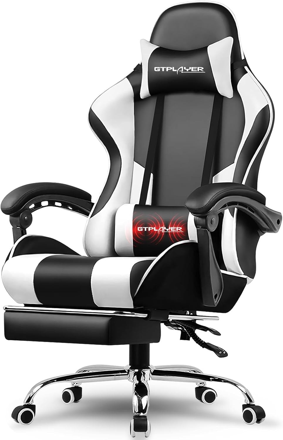 White-and-black chair with lumbar pillow displaying red vibration graphic, shown with chrome base