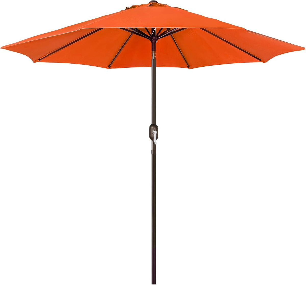 Orange patio umbrella open on a single pole with visible ribs and crank handle.