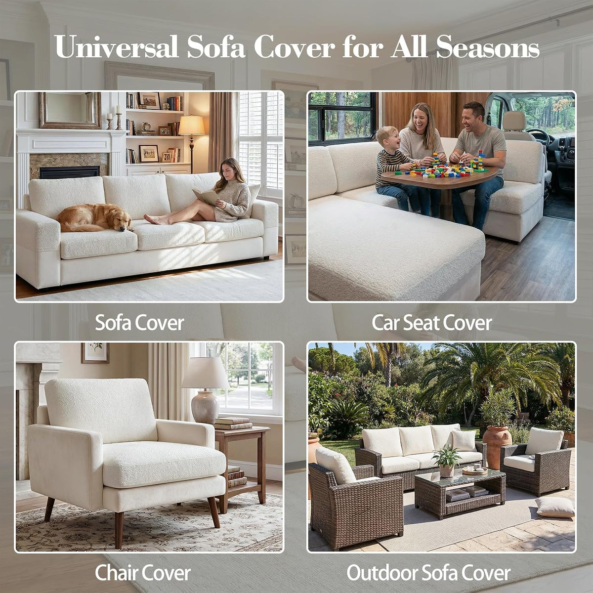 Four-panel collage showing ivory slipcovers on a living room sofa with a dog, an RV dinette chaise, a single armchair, and a