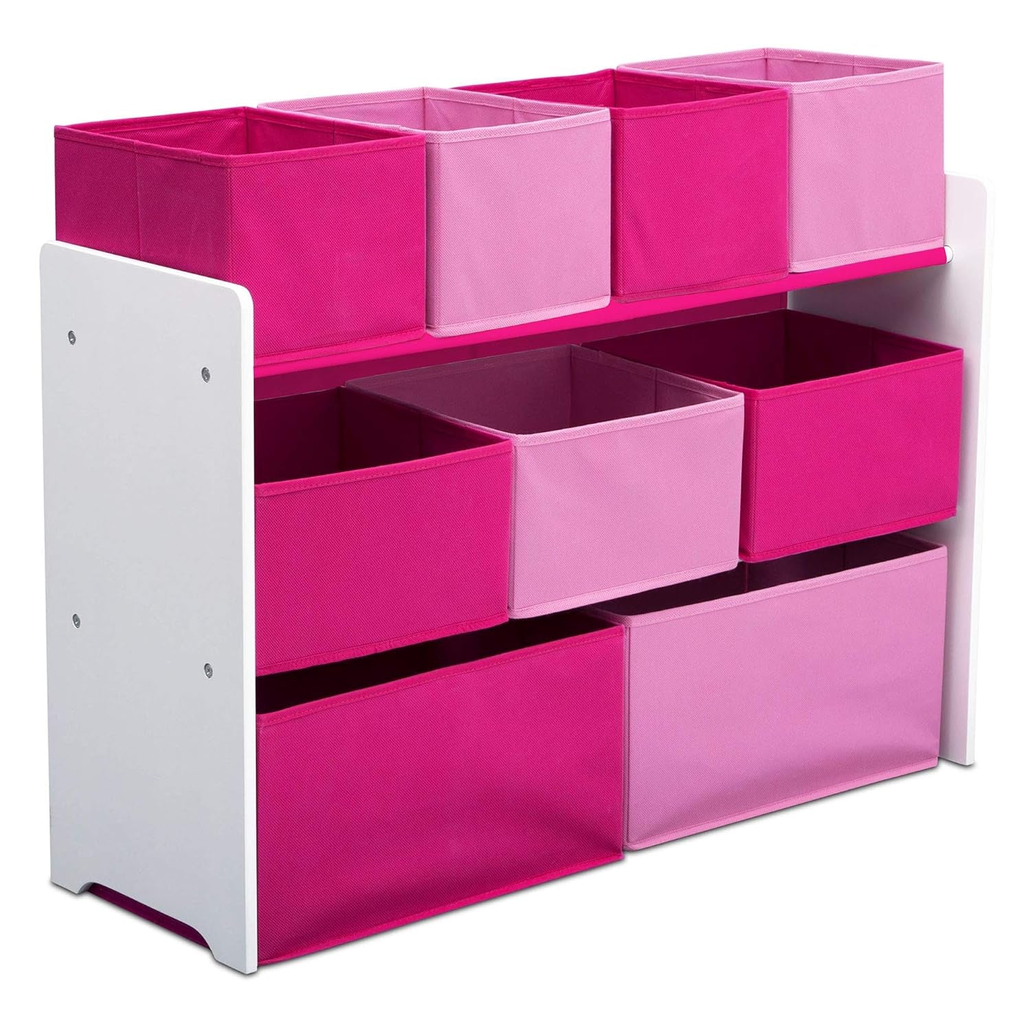 Three-tier toy organizer with nine pink fabric bins and white side panels.