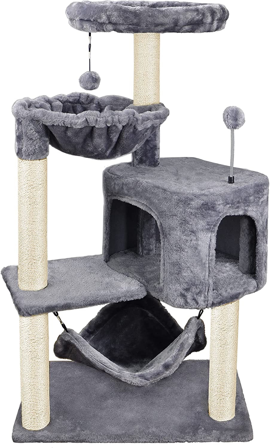 Grey faux-fur cat tree front view showing enclosed condo, suspended hammock, top perch, and sisal-wrapped posts