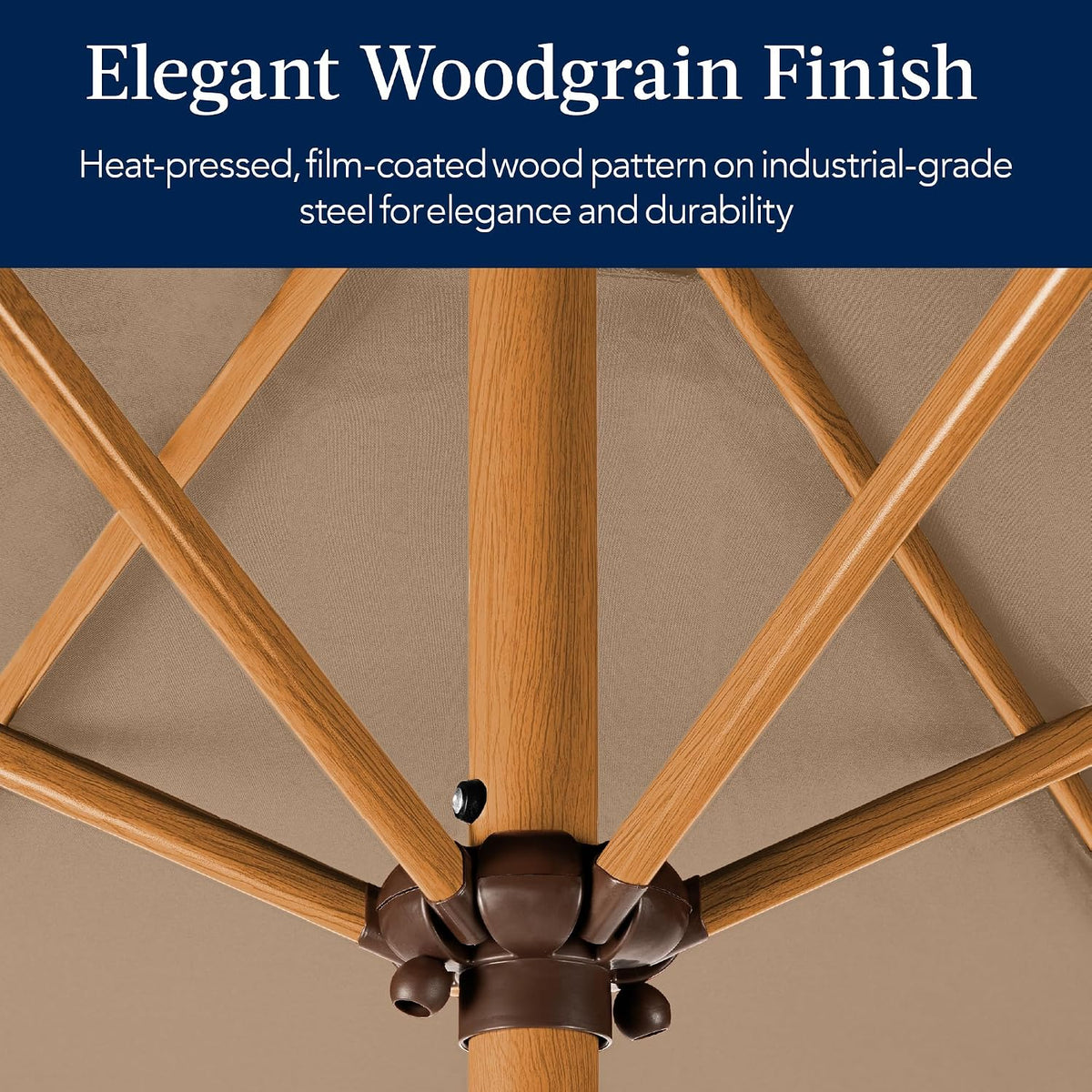 Close-up underside of tan canopy showing woodgrain-finish ribs and central hub.