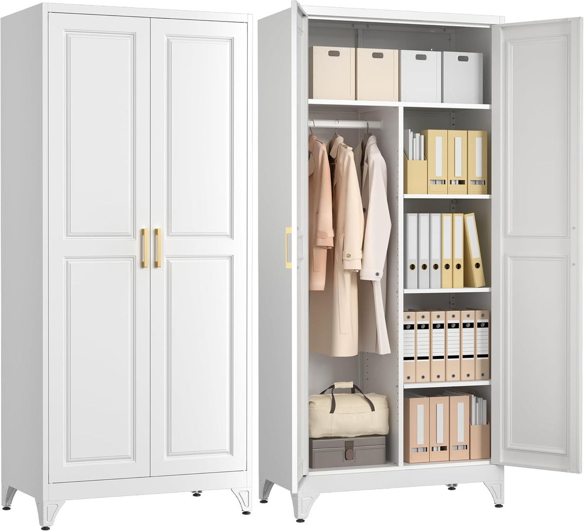 Two white tall wardrobes side by side, right one open showing hanging coats and organized shelves