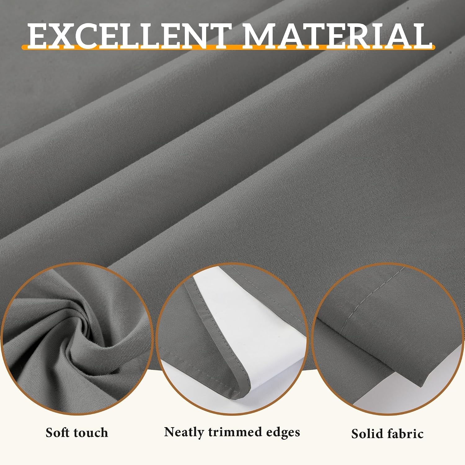 Close-up of dark grey curtain fabric with three insets showing folded fabric, white backing edge and stitched hem.