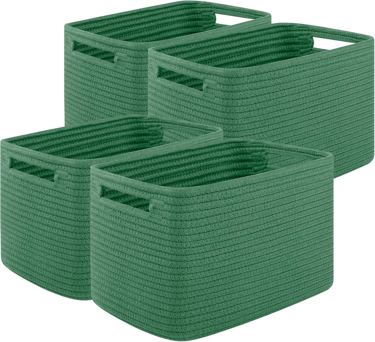 Set of four green woven rope baskets displayed empty, highlighting ribbed weave and handles.