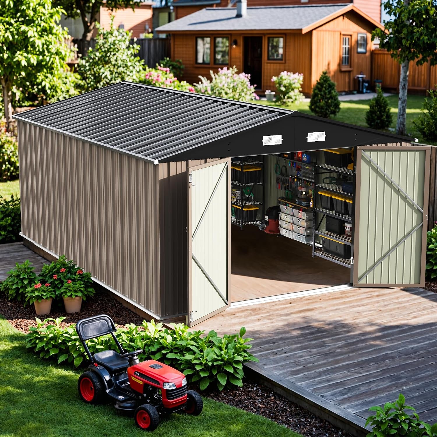 Angled outdoor view of a shed with open doors, interior shelving visible and a red riding lawn mower on the lawn.