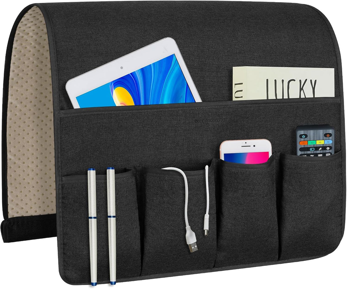Angled view of dark organizer showing curved top and five staggered lower pockets with items