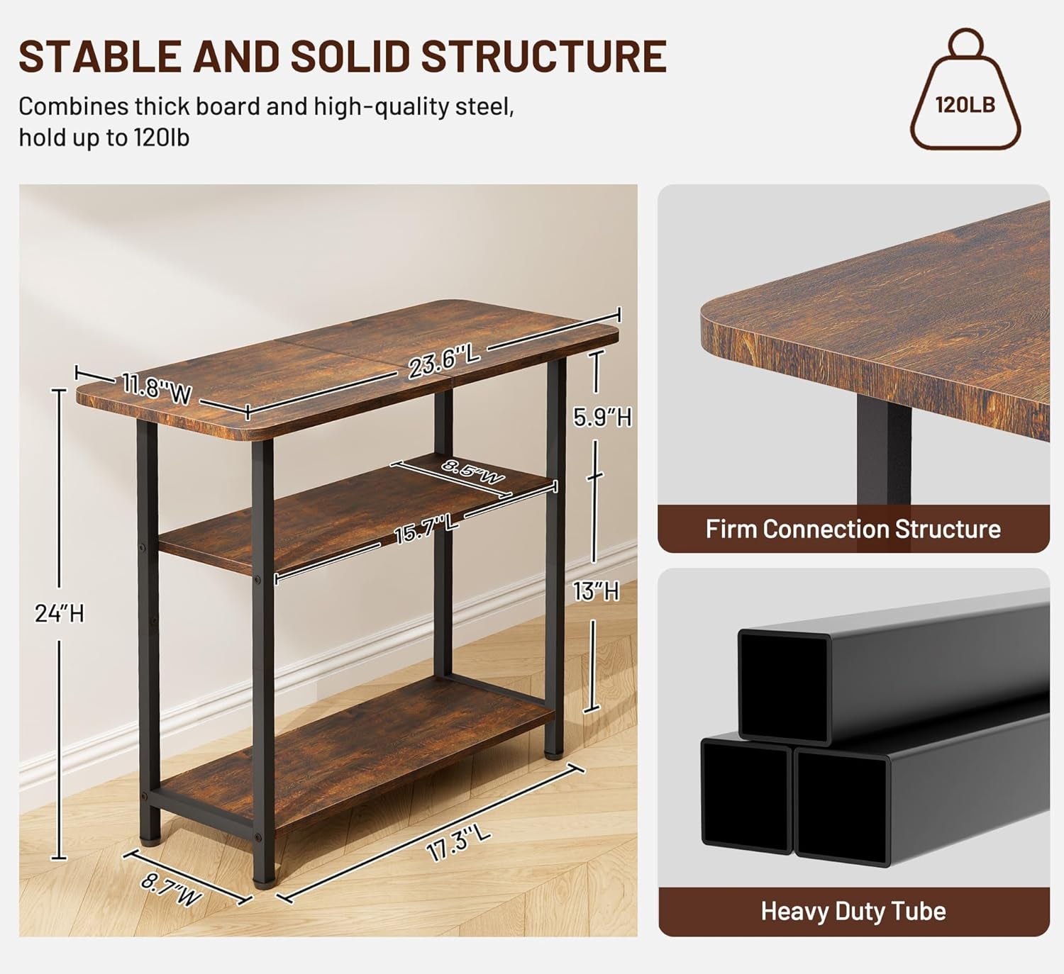 Three-tier narrow side table in brown finish shown with dimension callouts and material closeups.