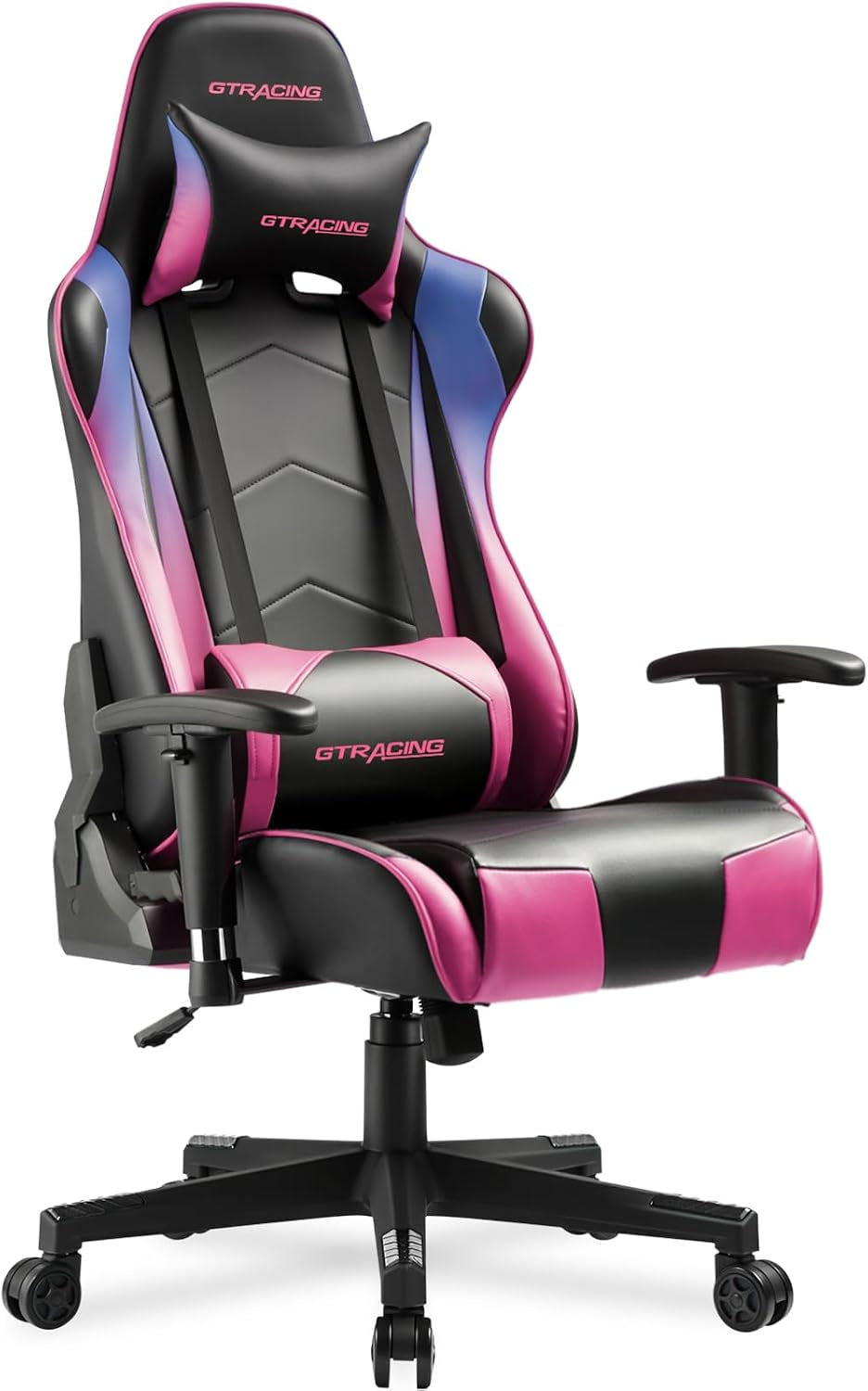 High-back racing-style gaming chair in black with bright pink accents and matching lumbar/head pillows.
