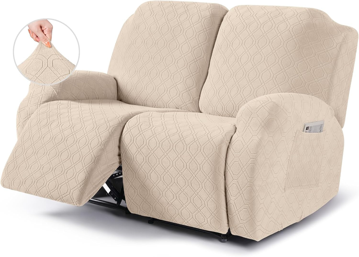 Three-seat recliner in a light beige textured slipcover, left footrest extended and close-up inset showing fabric stretch