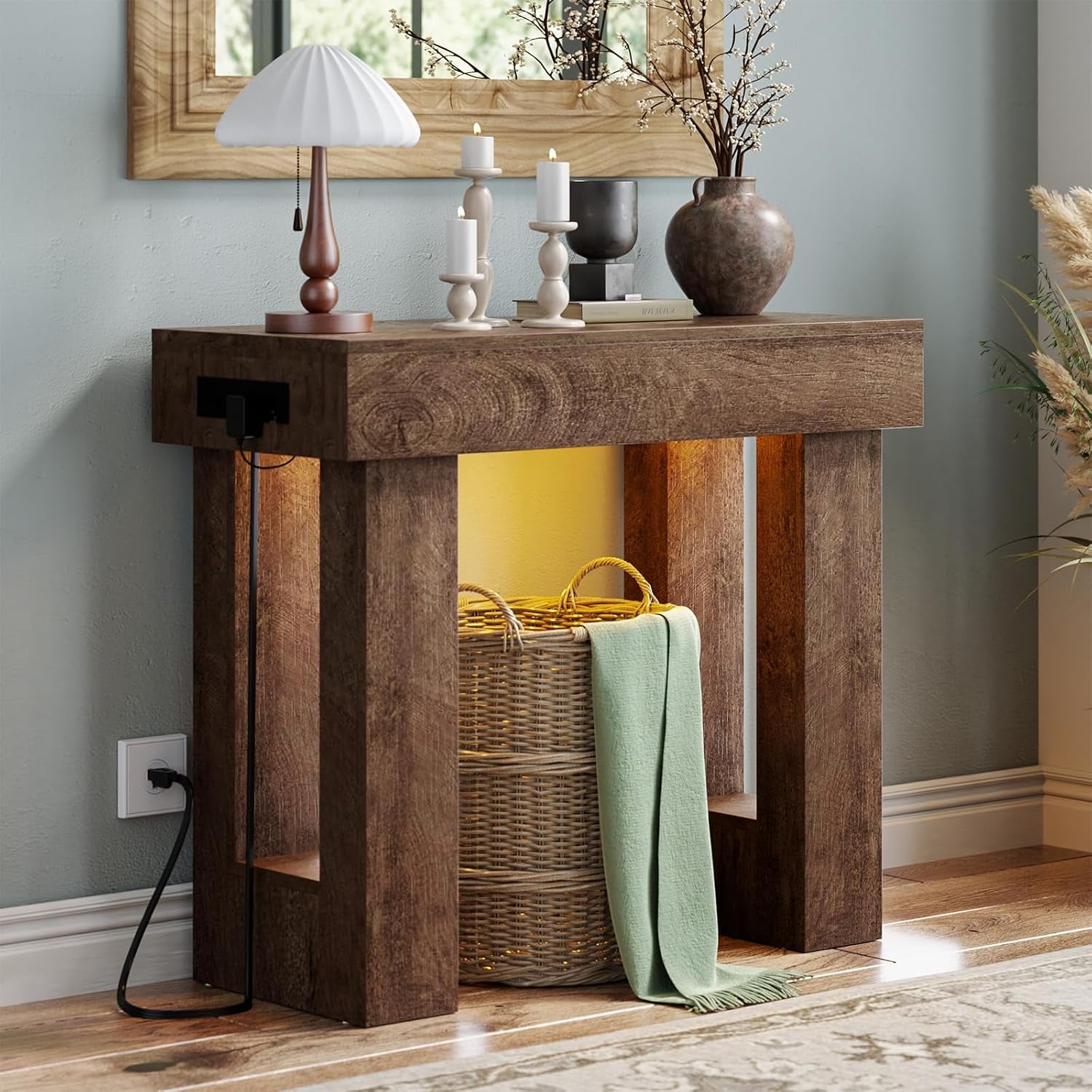 Angled view of the console in a dark brown finish highlighting the grain and illuminated interior space.