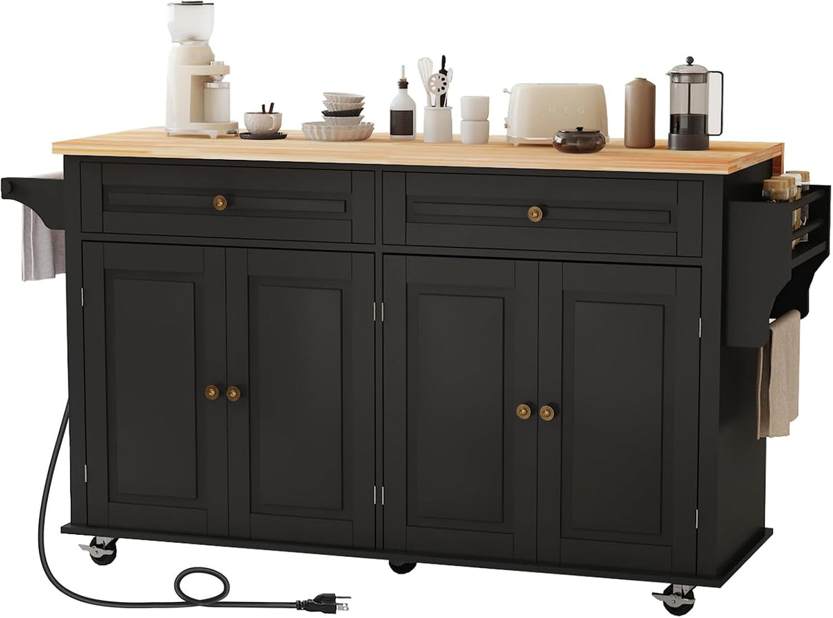 Black kitchen island cart front view with natural rubber wood drop-leaf countertop, two drawers, and side towel rack