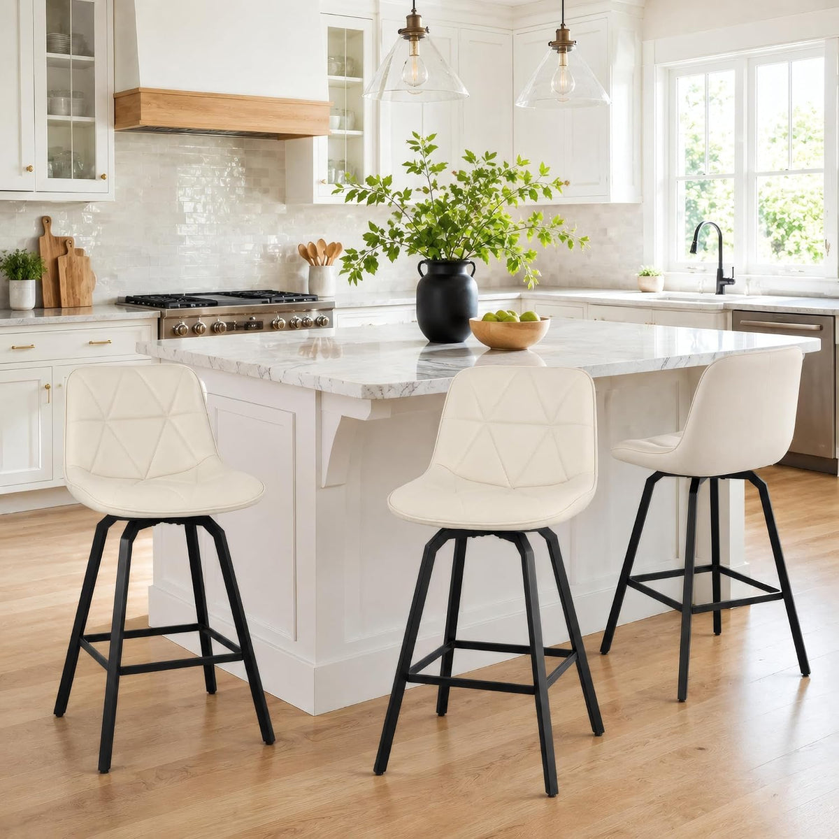 ClinQ 26" Counter Height 360° Swivel Bar Stools Set of 2, Triangular Pattern Faux Leather Counter Stools with Backrest and Footrest, Metal Frame Kitchen Island Chairs, White