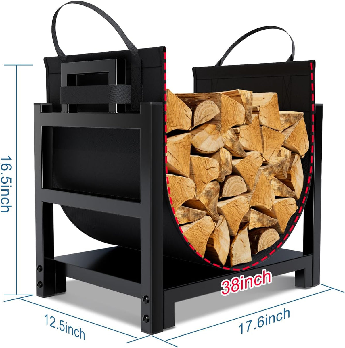 Three-quarter view of a black metal firewood rack with canvas sling filled with logs and measurement overlays