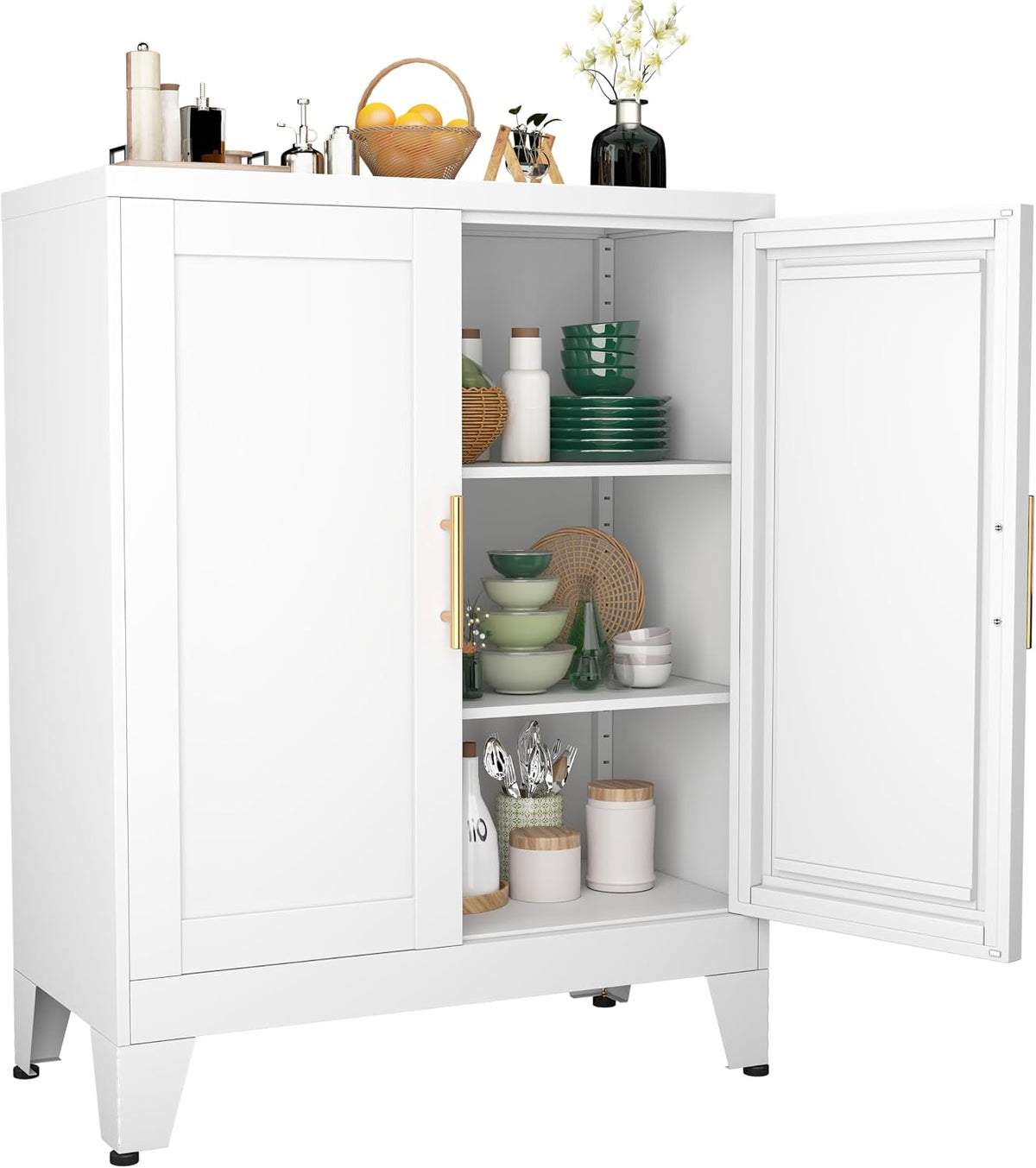 Front view of a white metal storage locker with one door open revealing three shelves stocked with dishes and jars.