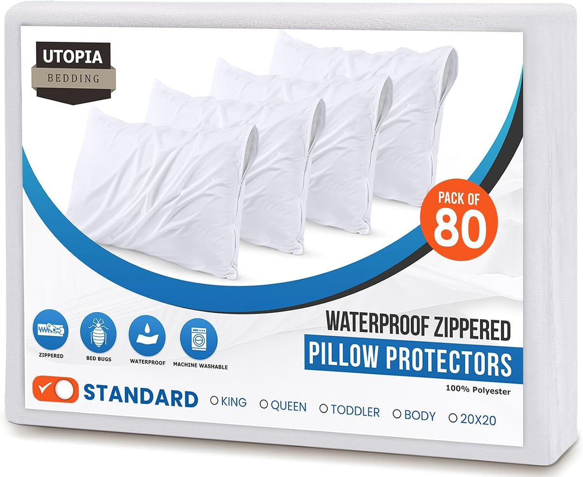 Angled package showing four white pillows with zippered openings and a large blue arc graphic