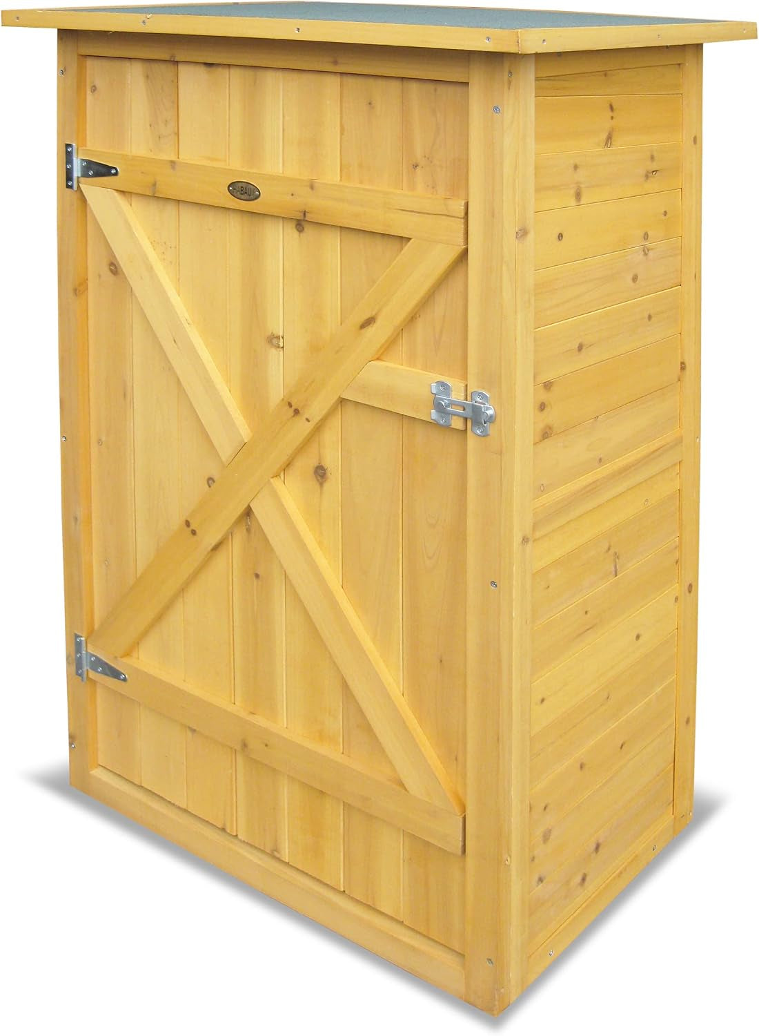 Tall outdoor wooden storage cabinet seen front-quarter: single X-braced door, metal latch, slatted sides, flat roof with
