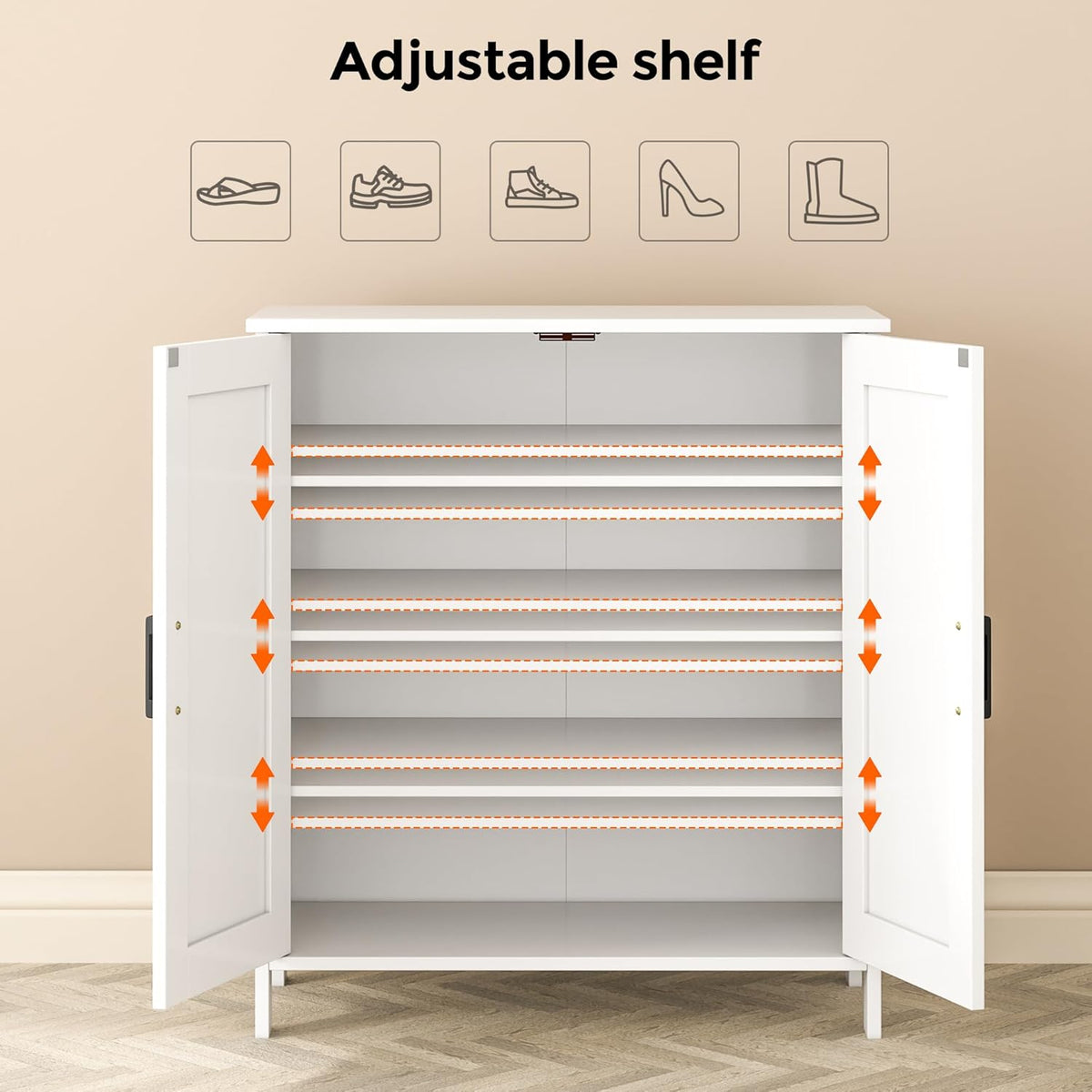 Open cabinet interior illustrating adjustable five-tier shelf system with vertical adjustment arrows