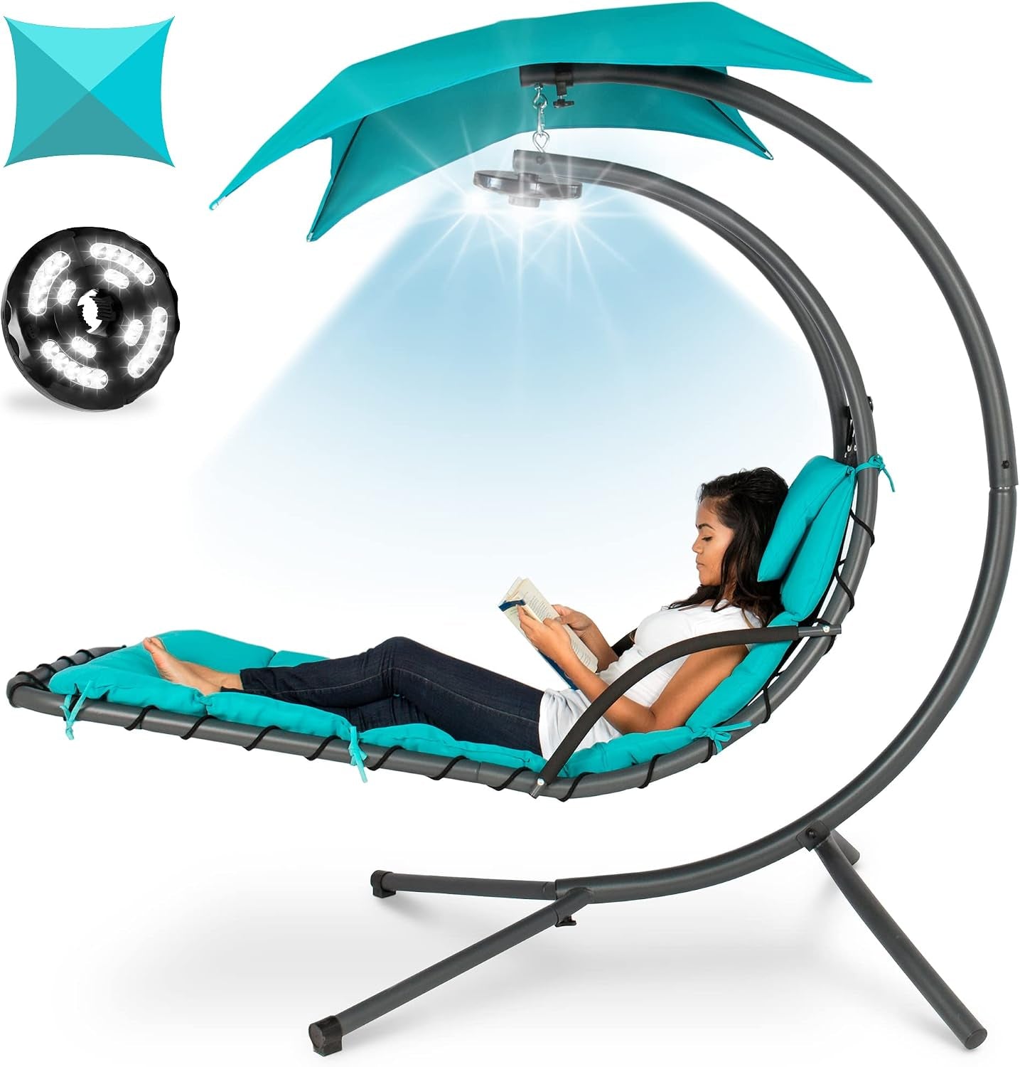 Teal-cushioned hanging chaise with canopy and inset LED light shown illuminating the seat area.